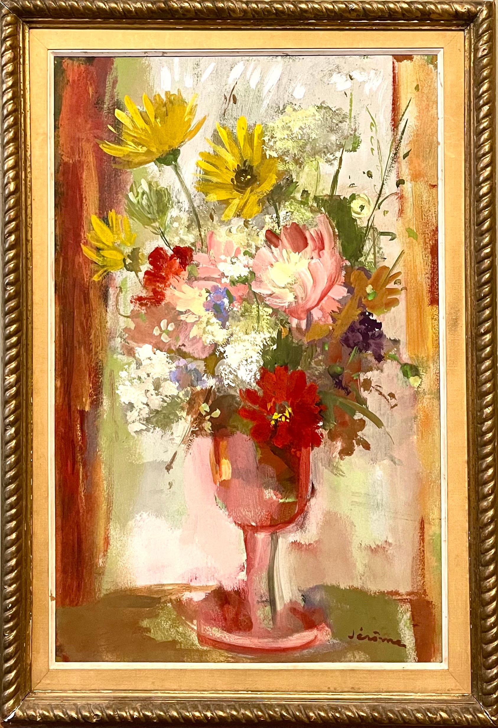 Peinture à l'huile - Vase à fleurs vibrantes représentant des fleurs de printemps - Pierre Jerome Ecole De Paris