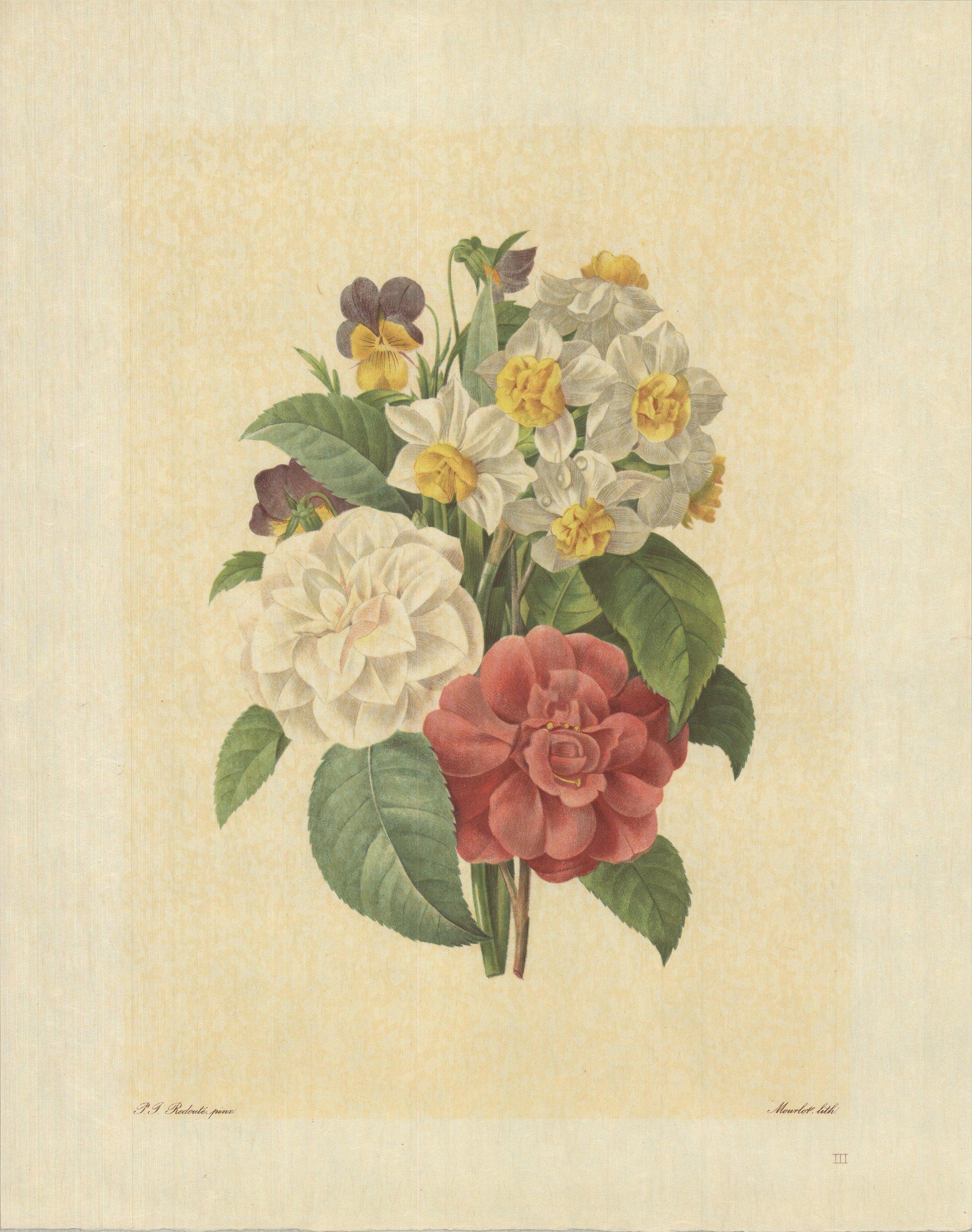 1939 Pierre-Joseph Redoute 'Bouquet De Camelias, Narcisses Et Pensees' France - Print by Pierre-Joseph Redouté