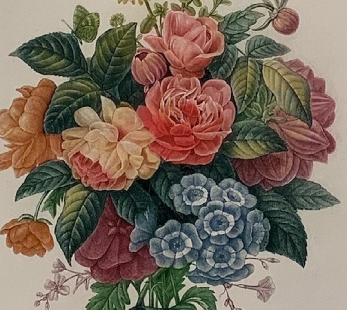 Set of four rare, original etching restrikes of watercolor bouquets by French-Belgian artist Pierre-Joseph Redouté. Published by the Paris Etching Society in the 1940s and printed on Rives BFK French art paper. Each bouquet shows a variety of