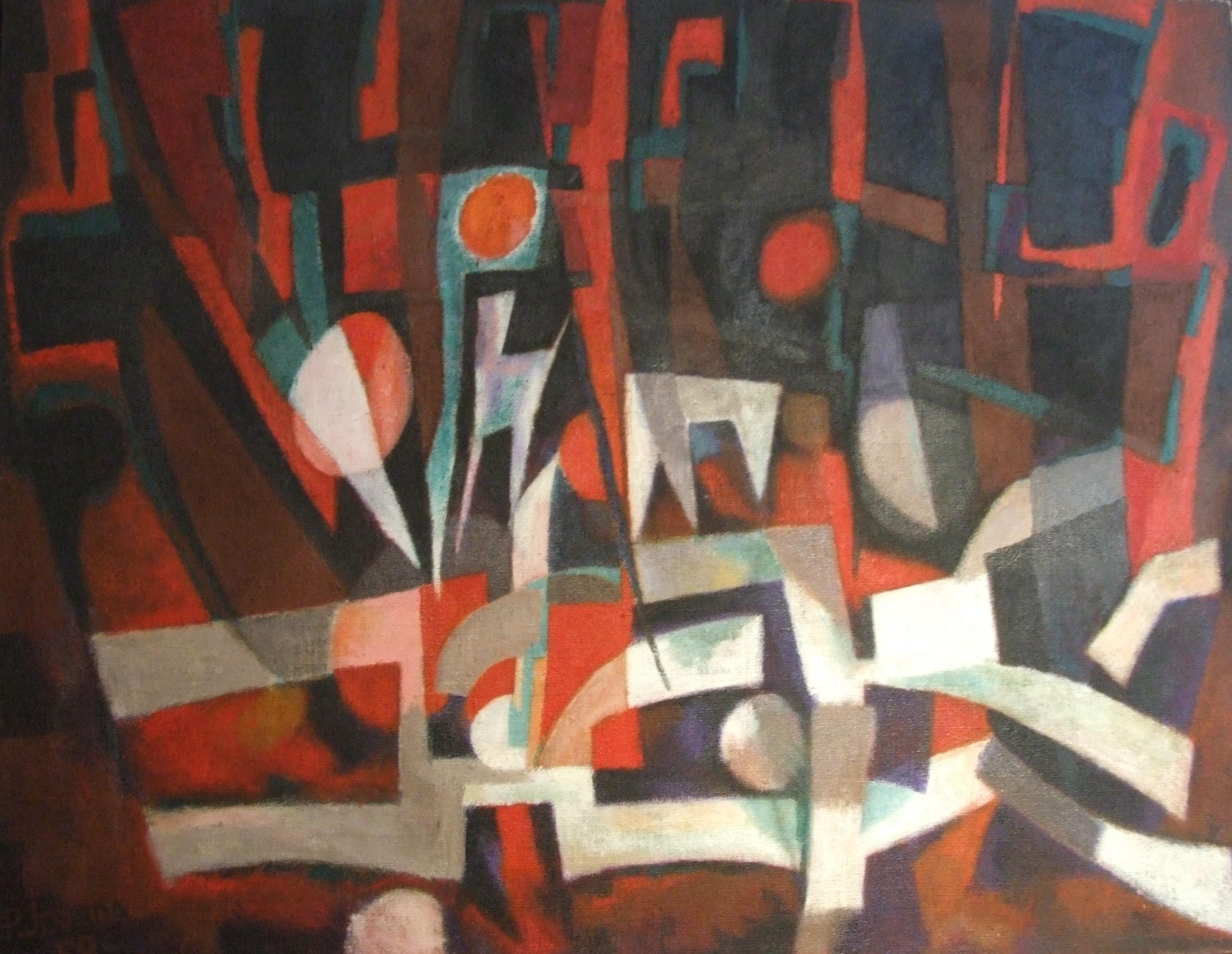 Pierre Jourda Abstract Painting - red composition, 1958 - Oil on canvas, cm. 126x166