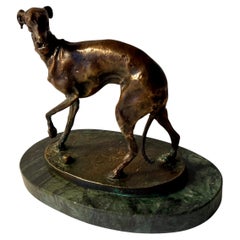 Pierre Jules Mêne Bronze Sculpture of a Greyhound On Green Marble Base