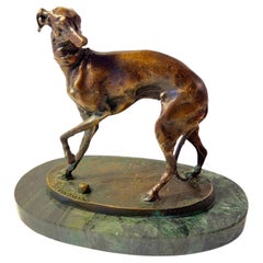 Pierre Jules Mêne Bronze Sculpture of a Greyhound On Green Marble Base