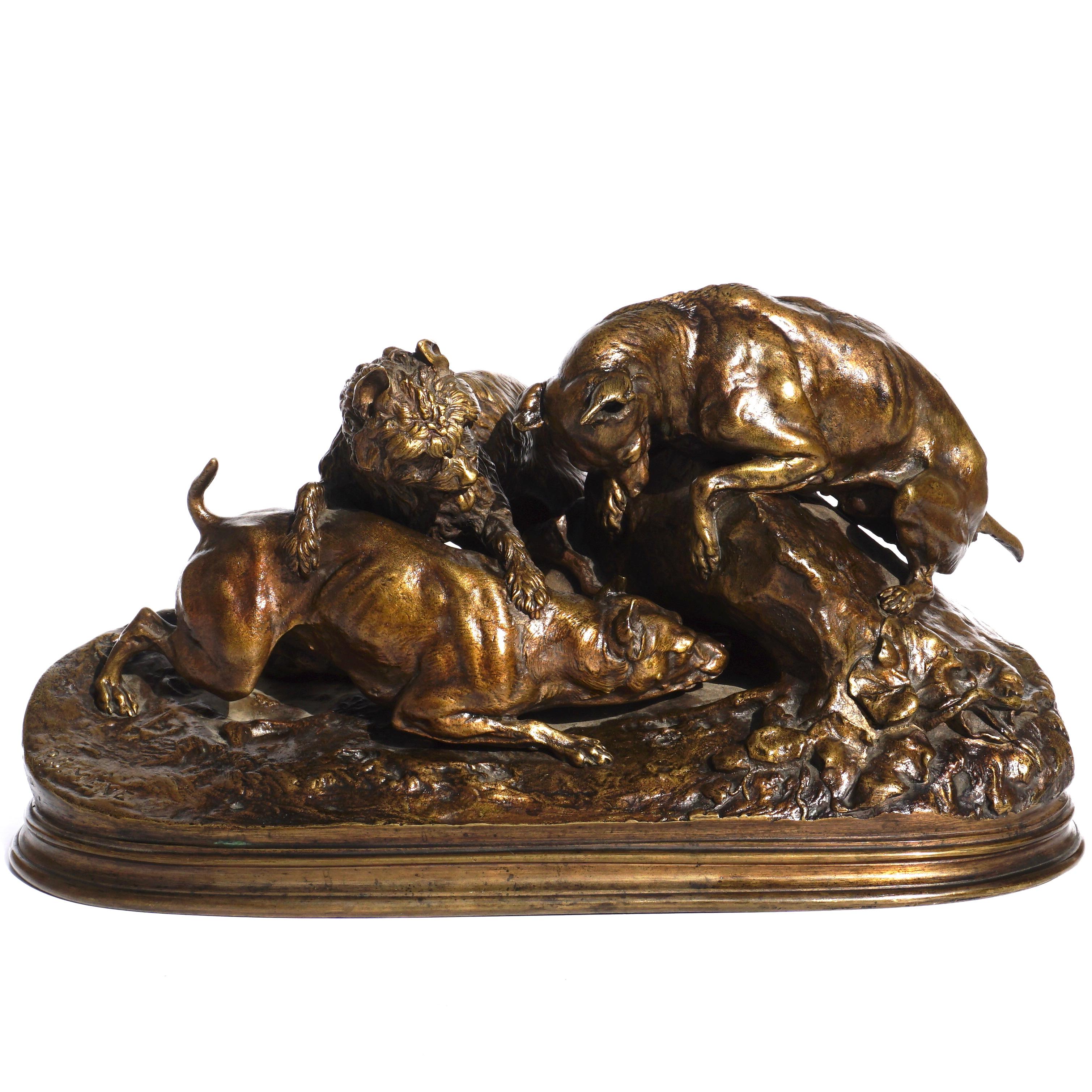 Pierre Jules Mene (FR, 1810-1879) a fantastic grouping of terrier digs burrowing or ferreting out a hare or rabbit from a hole. Also known as:
