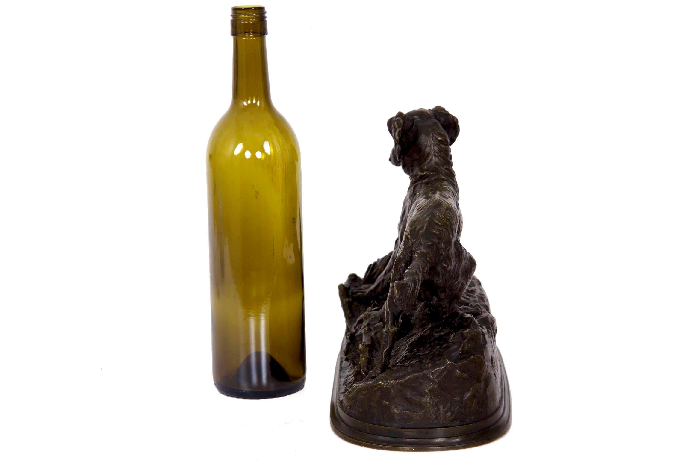 From the larger group “Chasse å la Perdrix”, which featured a pair of dogs hunting for partridges, this piece is no. 69 from Méne’s catalog (Collection Complete de Bronzes d’Art de P.J. Mene et de Auguste Cain). Its published dimensions are 22cm