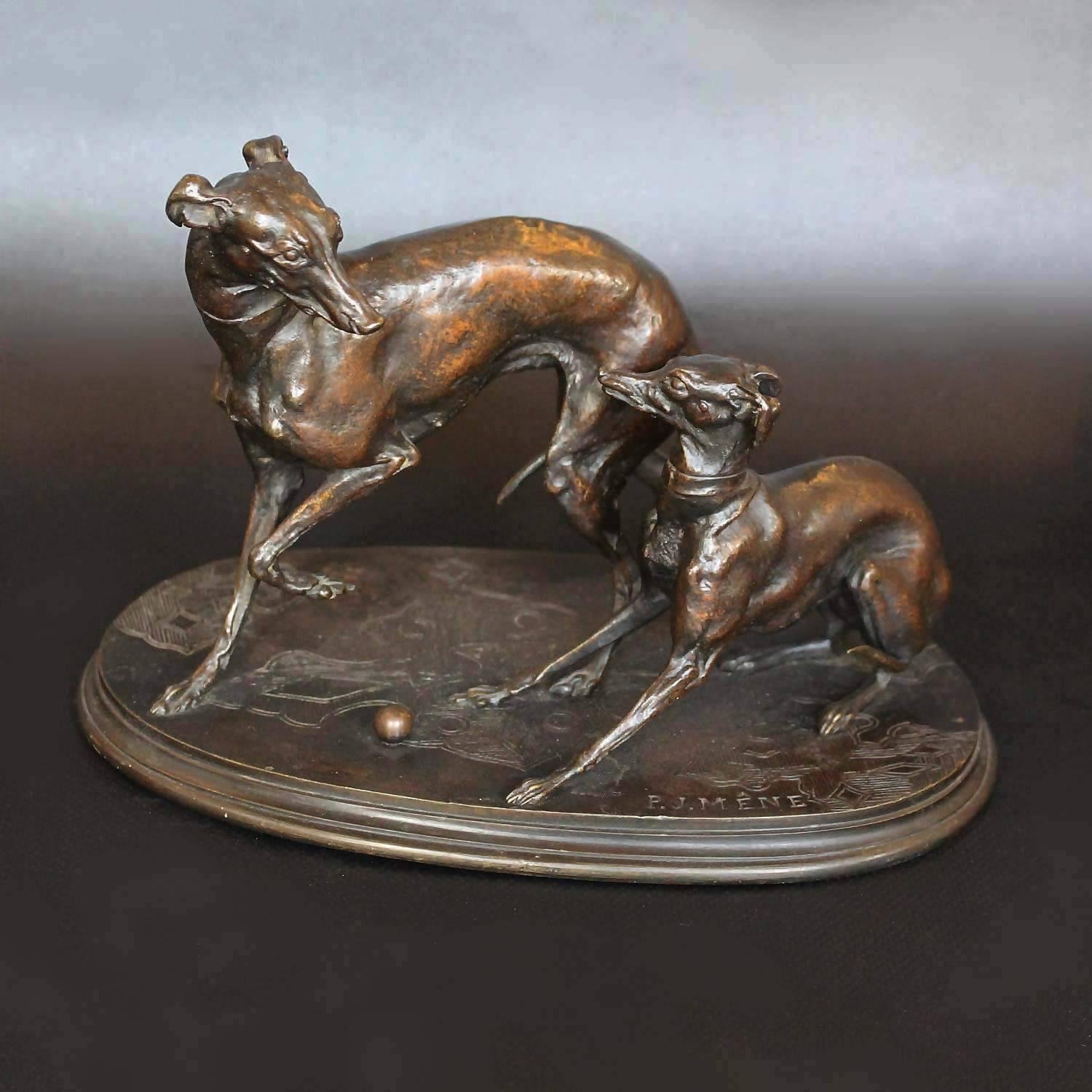 Jiji et Giselle, a patinated bronze group of two whippets at play. Set over an integral base with engraved detail. 

Artist: Pierre-Jules Mêne (1810-1879)

Literature: M. Poletti & A Richarme 'Pierre-Jules Mêne Catalogue Raisonné' p.128

 