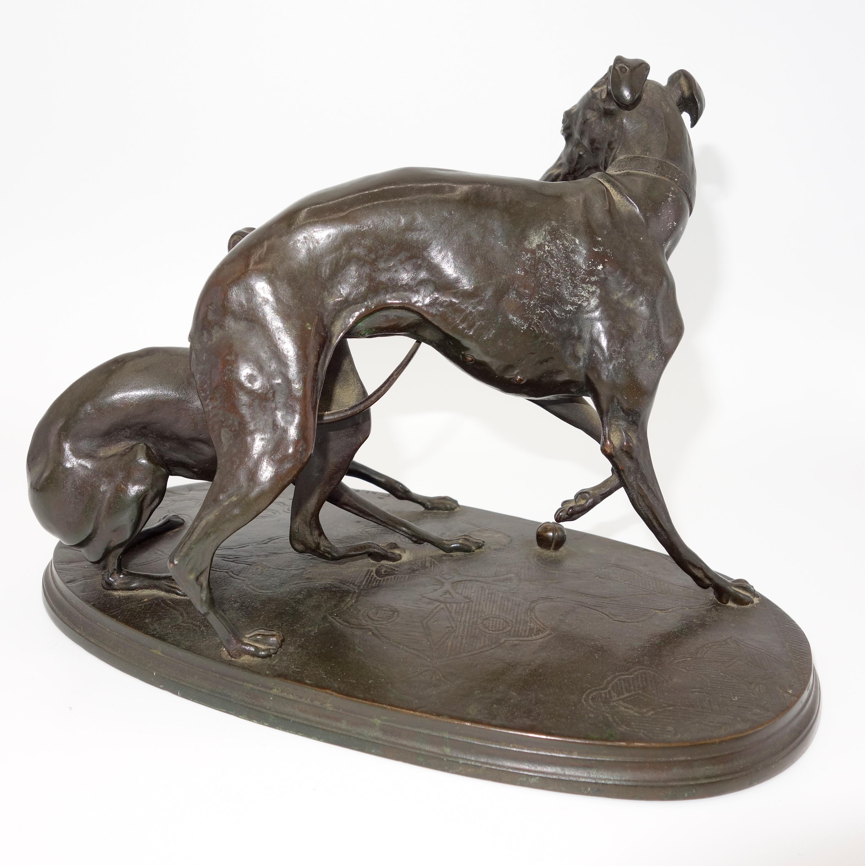 A bronze group of two whippet dogs at play  - Sculpture by Pierre Jules Mêne