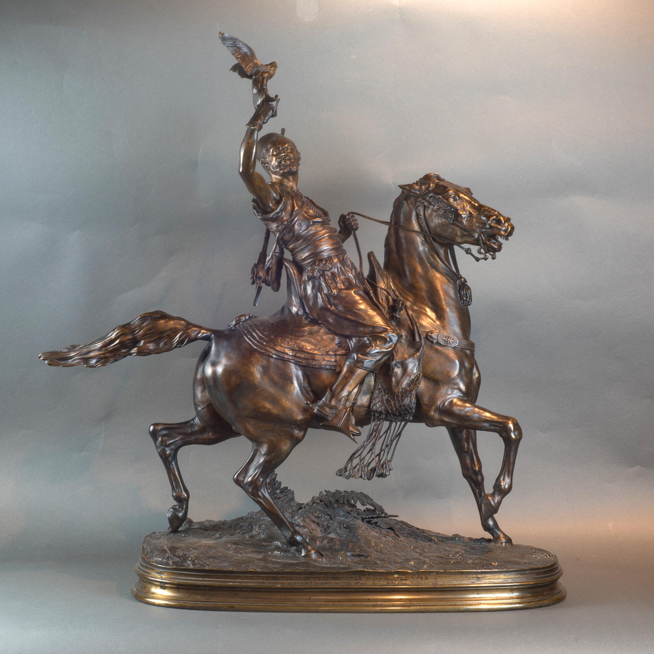 A Fine Patinated Bronze of a Berber Falconer on Horseman  - Sculpture by Pierre Jules Mêne