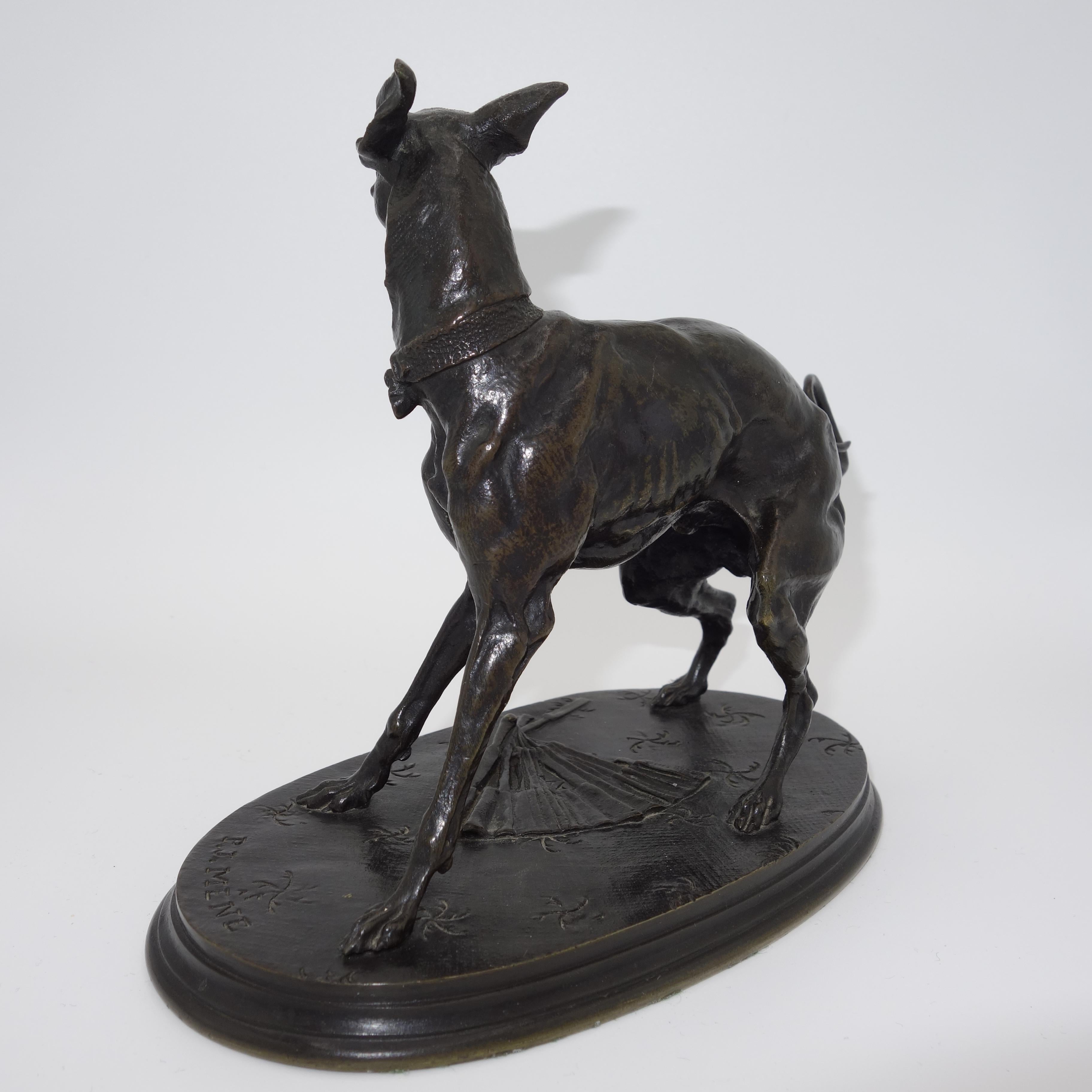 French Animalier bronze of an Italian greyhound dog with a fan - Sculpture by Pierre Jules Mêne