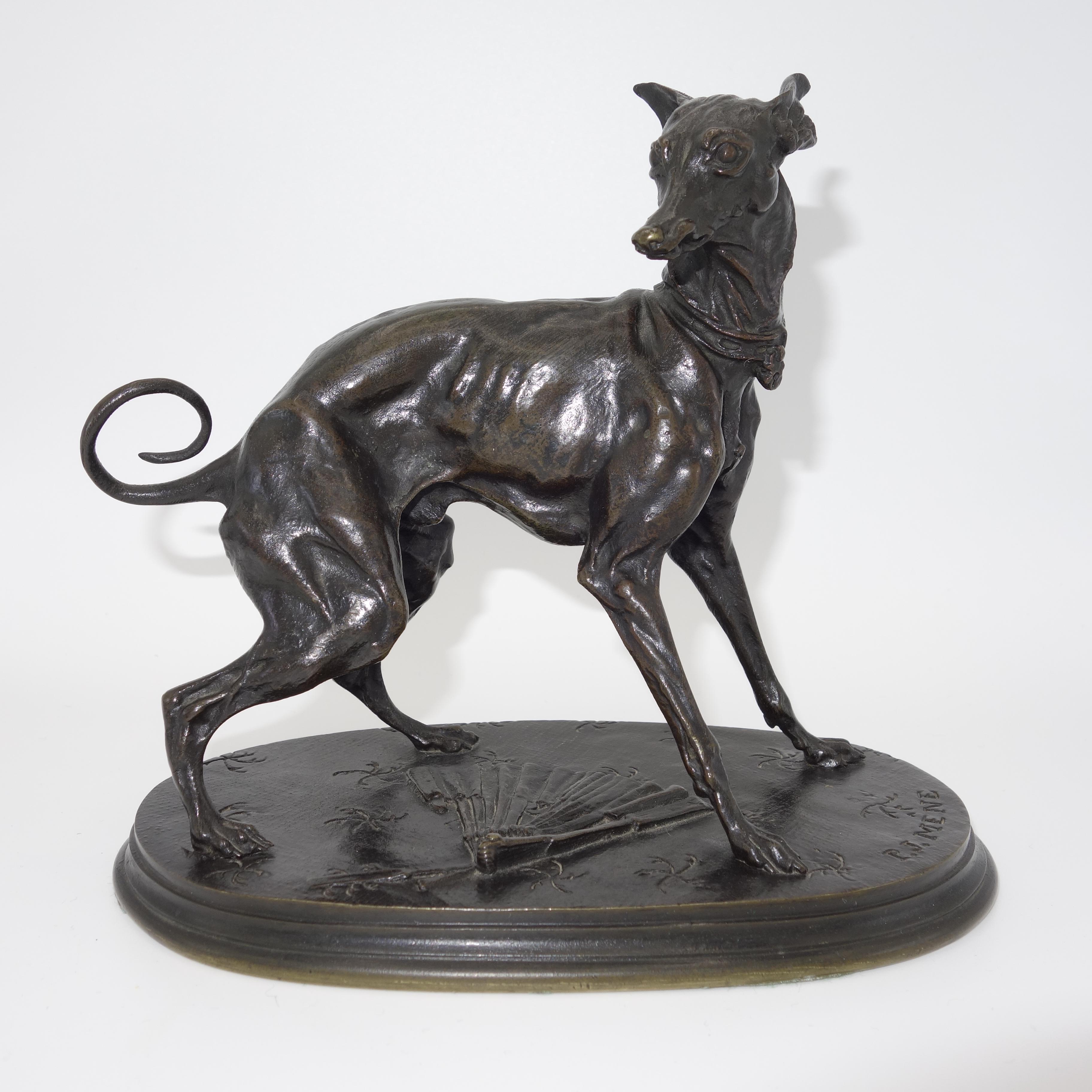 French Animalier bronze of an Italian greyhound with a fan