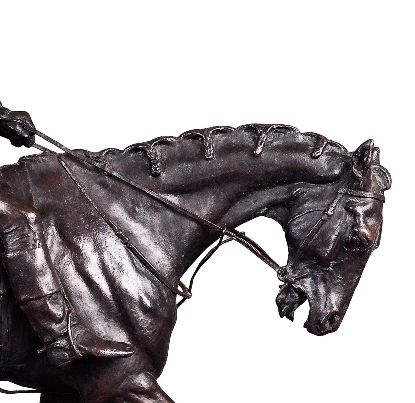 French Bronze Jockey on Horse - Gold Figurative Sculpture by Pierre Jules Mêne