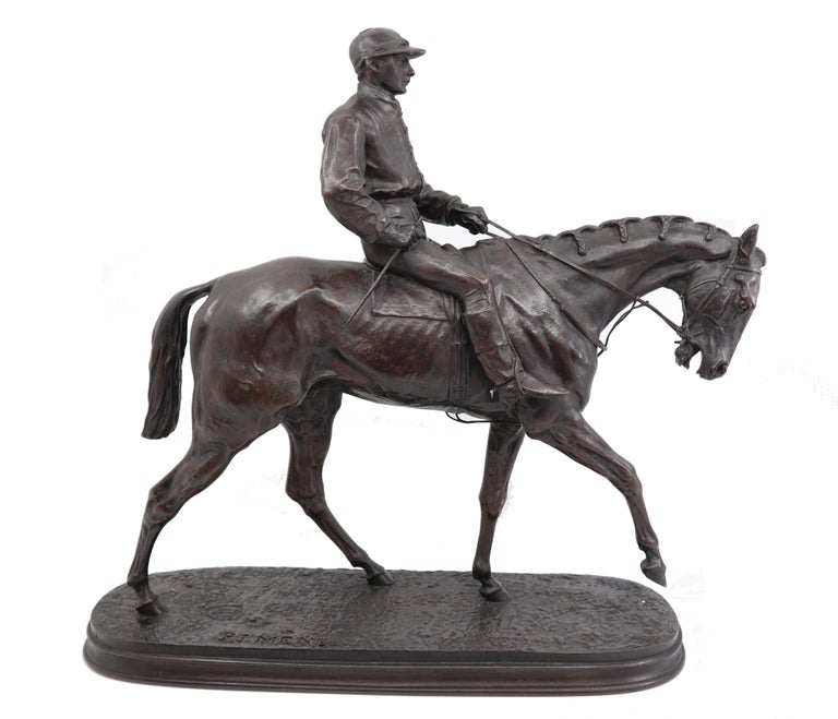French Bronze Jockey on Horse - Sculpture by Pierre Jules Mêne