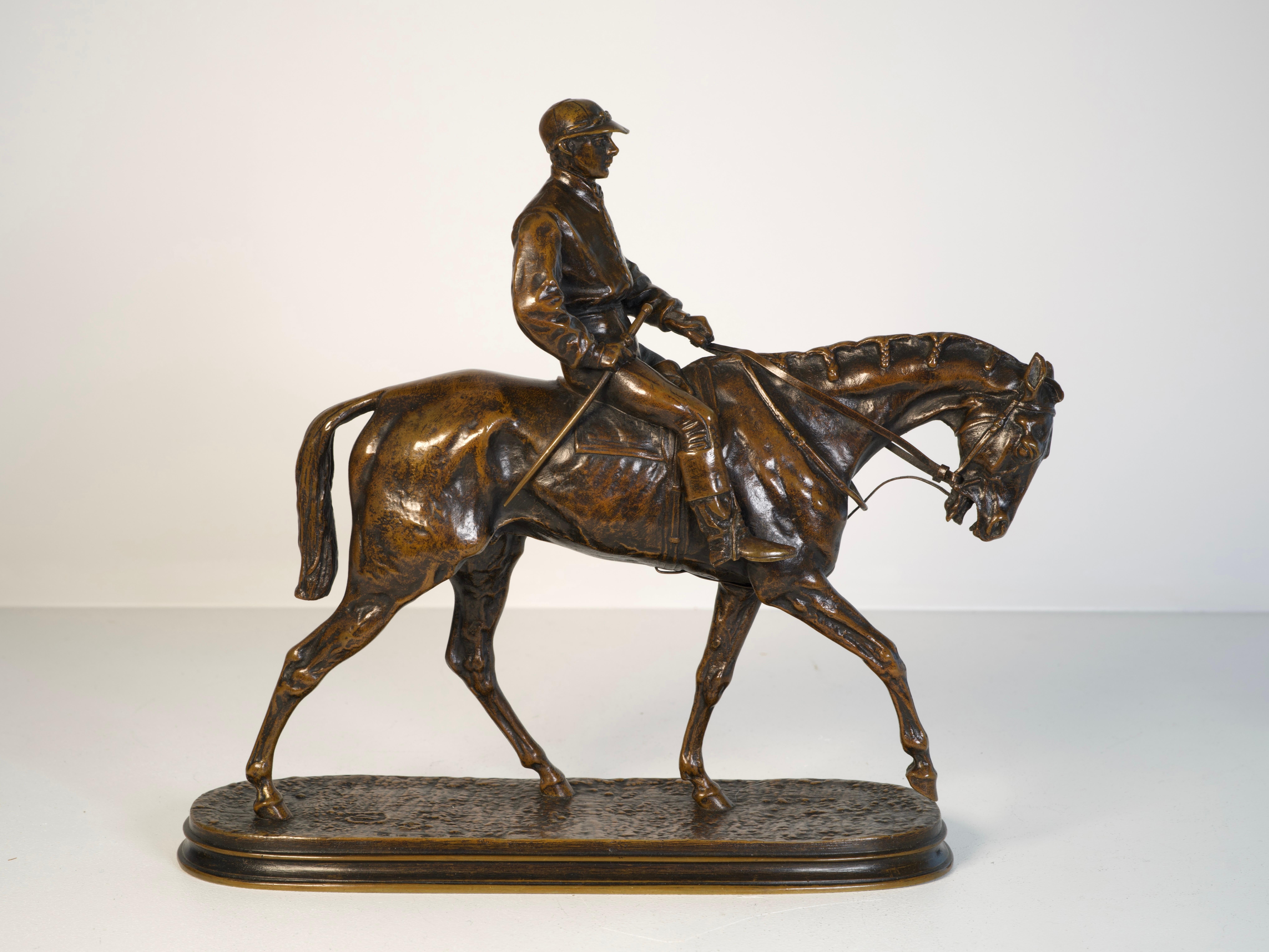 Jockey à cheval n°2 - Sculpture en bronze de Pierre Jules Mêne, 19e siècle