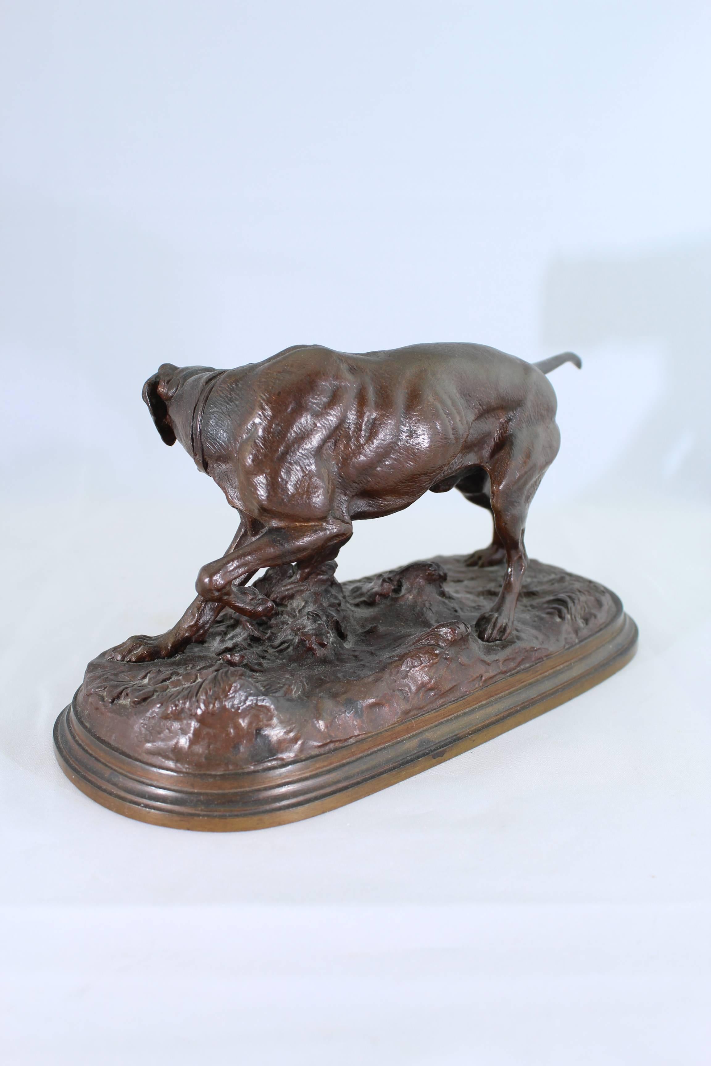 Pierre Jules Mene (French, 1810-1879) 
Chien Braque a la Feuille 
Bronze with brown patina 
9.5 inches (24 cm) long 
5 inches (12.7 cm) high 

Inscribed on base: PJ Mene

Condition: Excellent 

PROPERTY FROM THE COLLECTION OF STANLEY G. AND BARBARA