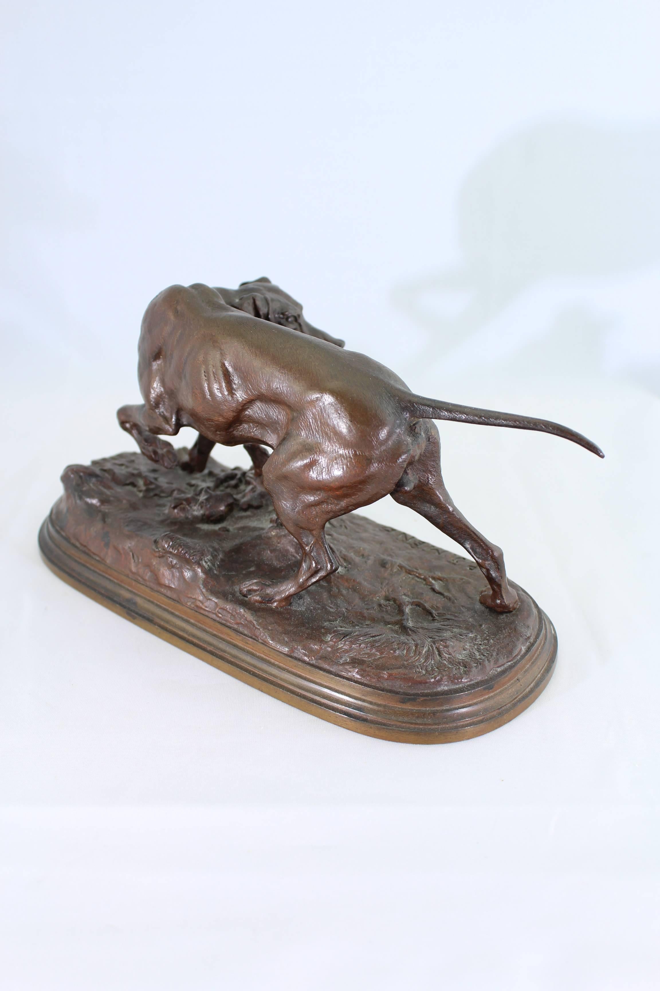 Pierre Jules Mene (French, 1810-1879) 
Chien Braque a la Feuille 
Bronze with brown patina 
9.5 inches (24 cm) long 
5 inches (12.7 cm) high 

Inscribed on base: PJ Mene

Condition: Excellent 

PROPERTY FROM THE COLLECTION OF STANLEY G. AND BARBARA