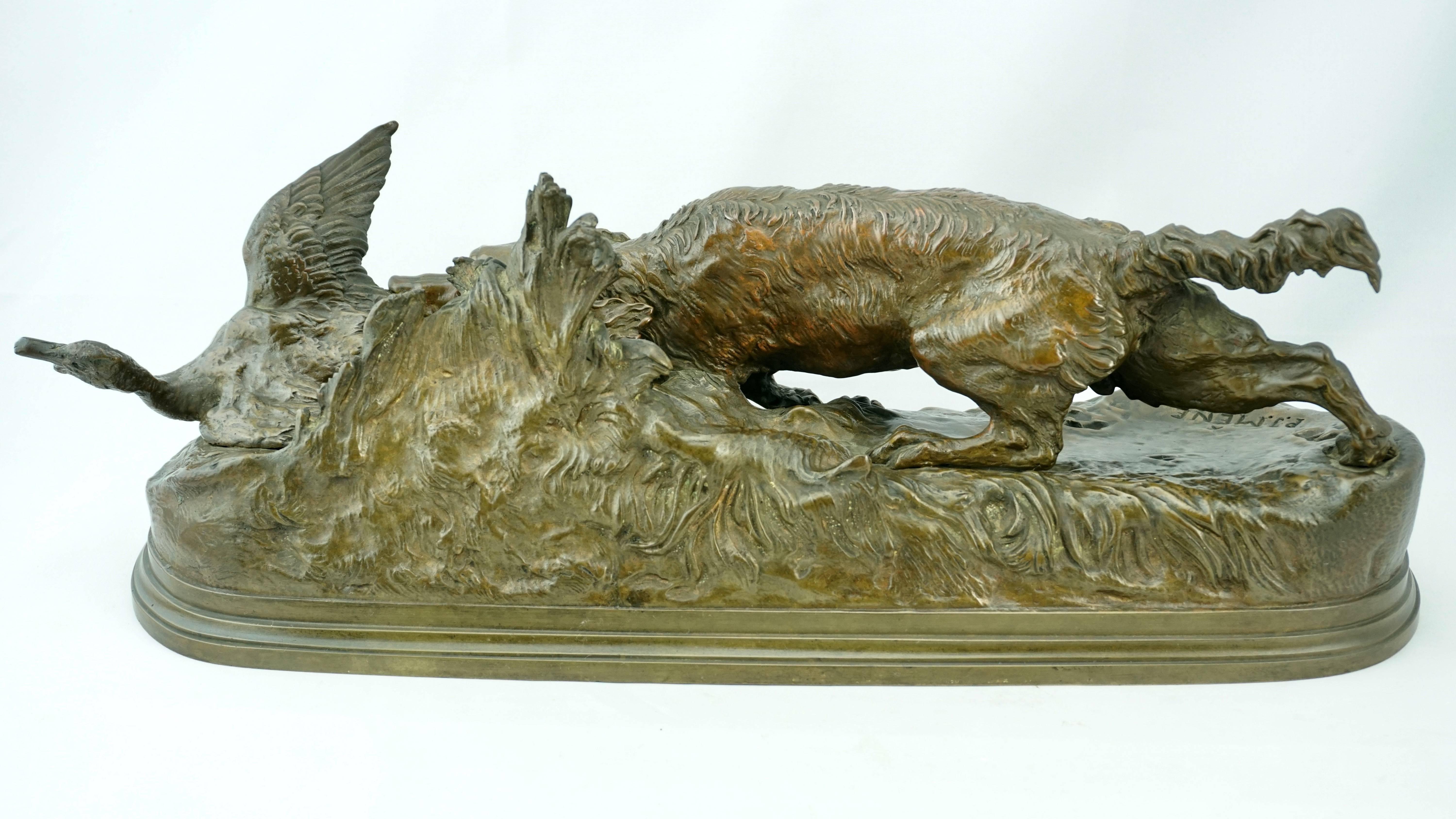 Pierre Jules Mene Spaniel Capturing a Duck Bronze - Gold Figurative Sculpture by Pierre Jules Mêne