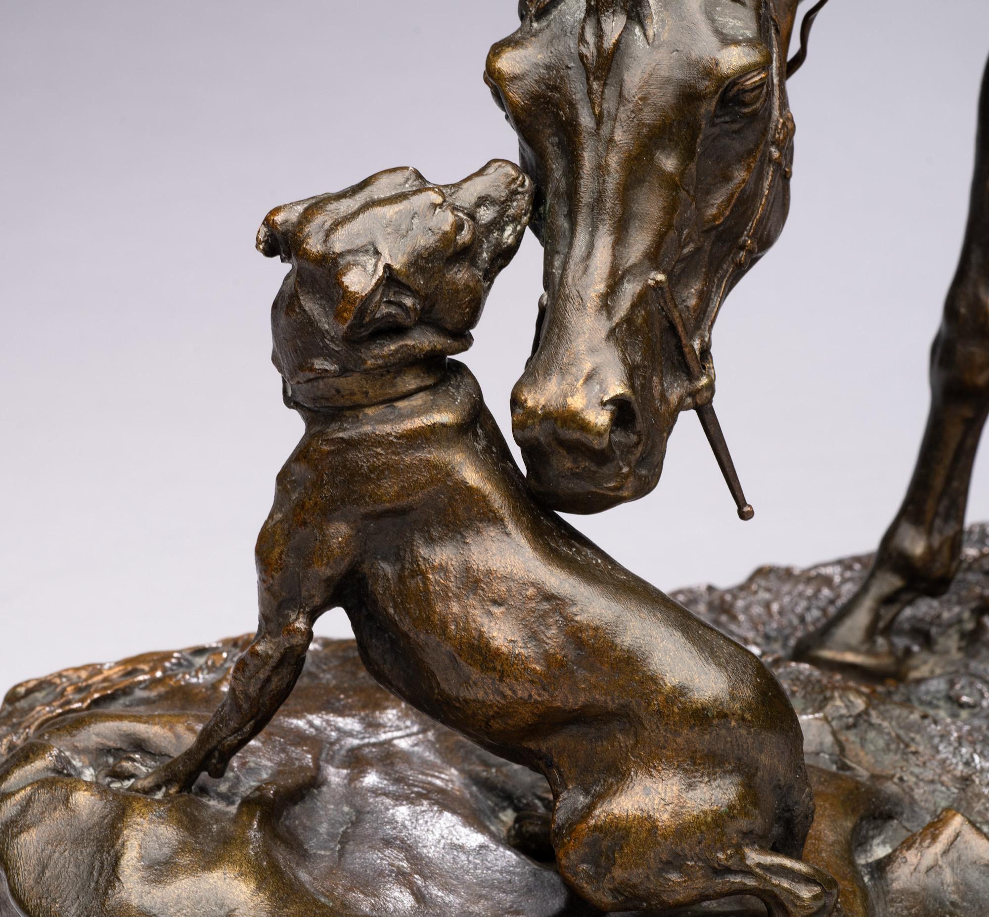 Bronze ancien pour chevaux : Jument dans le box jouant avec un chien (Good Companions) 
Jument à l'écurie jouant avec un chien
Pierre-Jules Mene (français, 1810-1879)
Bronze
19 x 10 pouces

L'un des bronzes les plus appréciés de Mene, un exemplaire