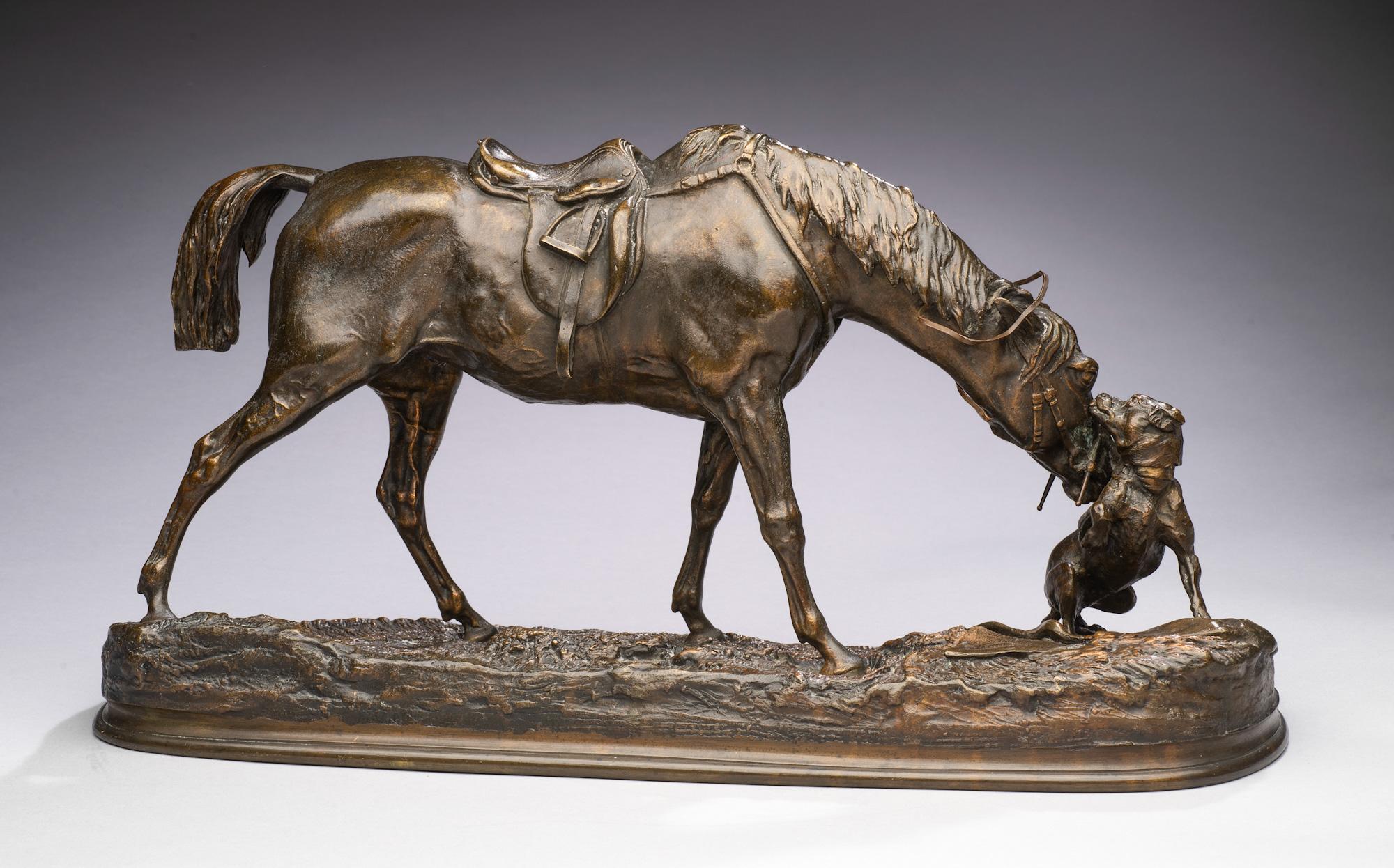 Antique Horse Bronze: Mare in the Stable Playing with a Dog (Good Companions) 
Jument à l'écurie jouant avec un chien
Pierre-Jules Mene (French, 1810-1879)
Bronze
19 x 10 inches

One of Mene's most beloved bronze, well-loved early example with