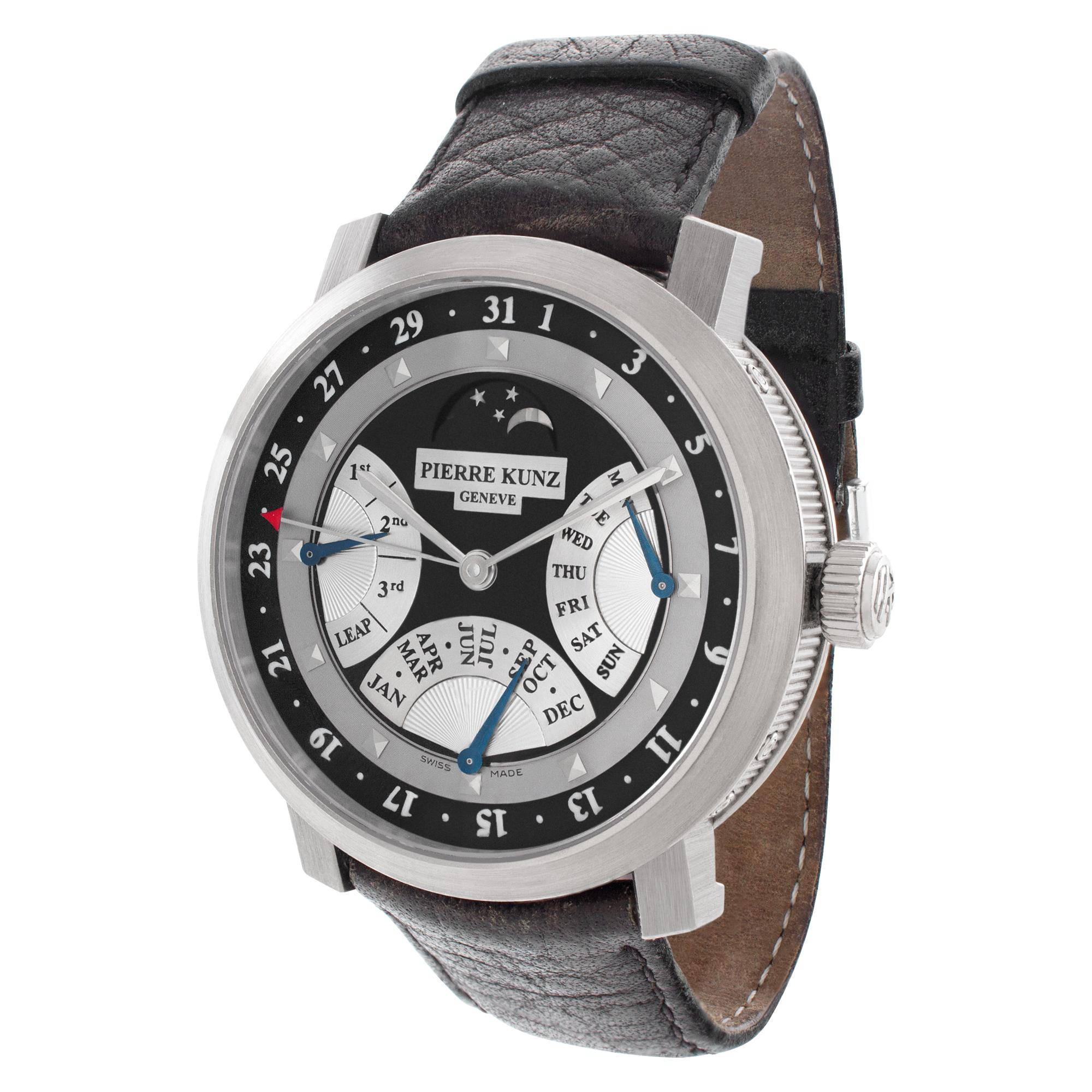Pierre Kunz Grande Complication in 18k white gold on leather strap. Auto w/ date, day, month, moonphase, power reserve and perpetual calendar. With box and papers. 44 mm case size. Ref G008 QPRI. Fine Pre-owned Pierre Kunz Watch.

Certified preowned