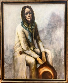 Large Belgian Modernist Signed Oil Portrait of Sorrowful Lady in Blue Scarf