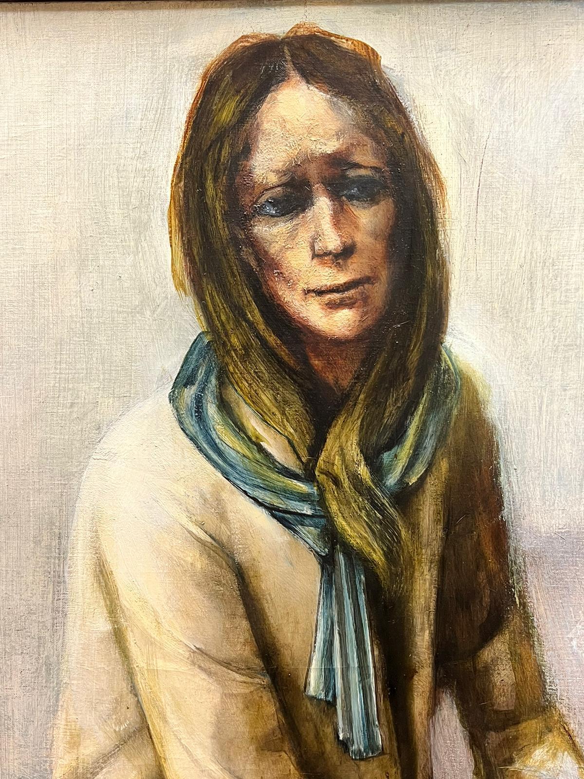 Large Belgian Modernist Signed Oil Portrait of Sorrowful Lady in Blue Scarf For Sale 5