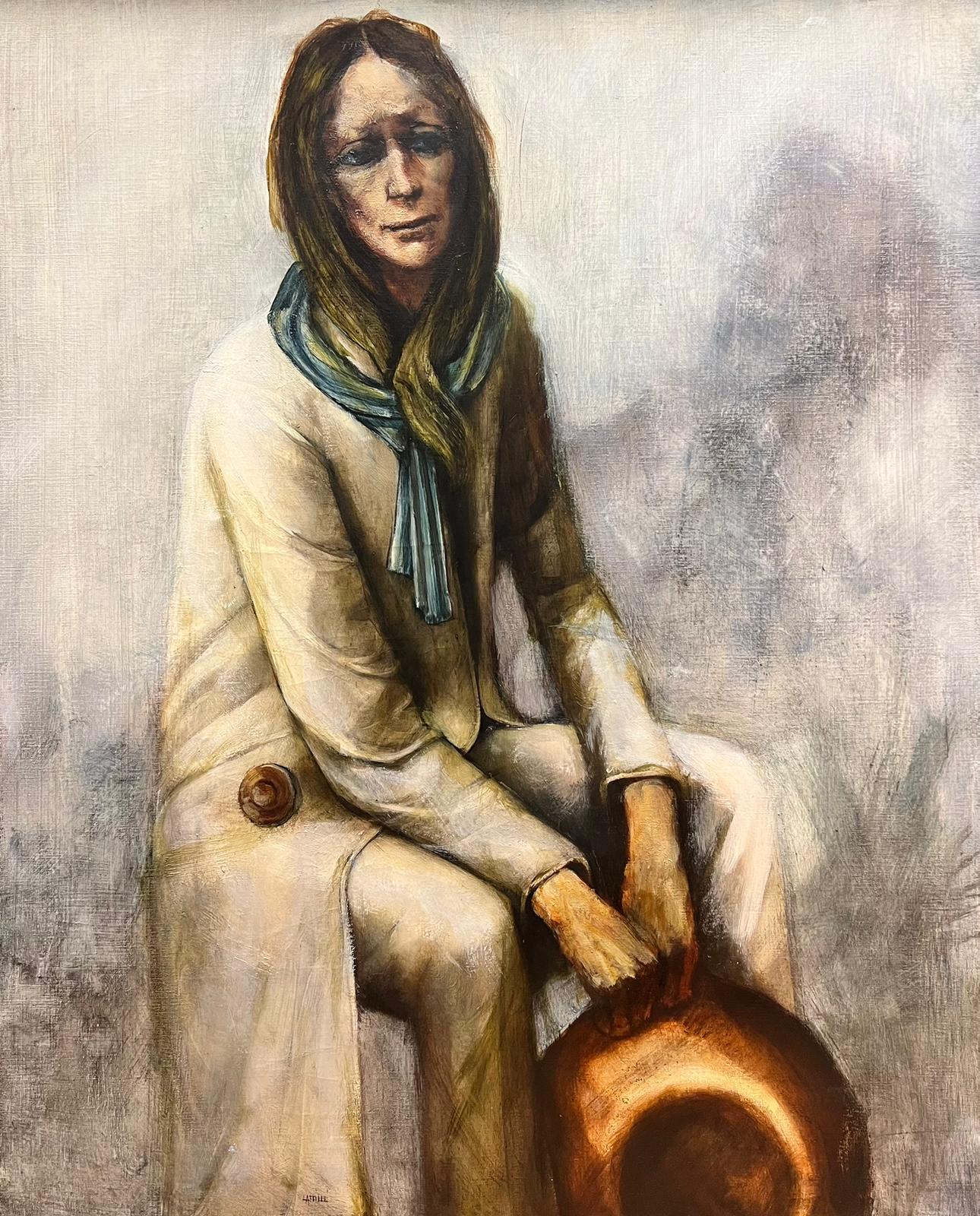 Figurative Painting de Pierre La Fille - Gran óleo belga modernista firmado Retrato de Dama Dolorosa con pañuelo azul