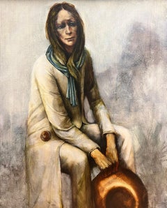 Grand portrait à l'huile belge moderniste signé d'une femme joyeuse dans un foulard bleu