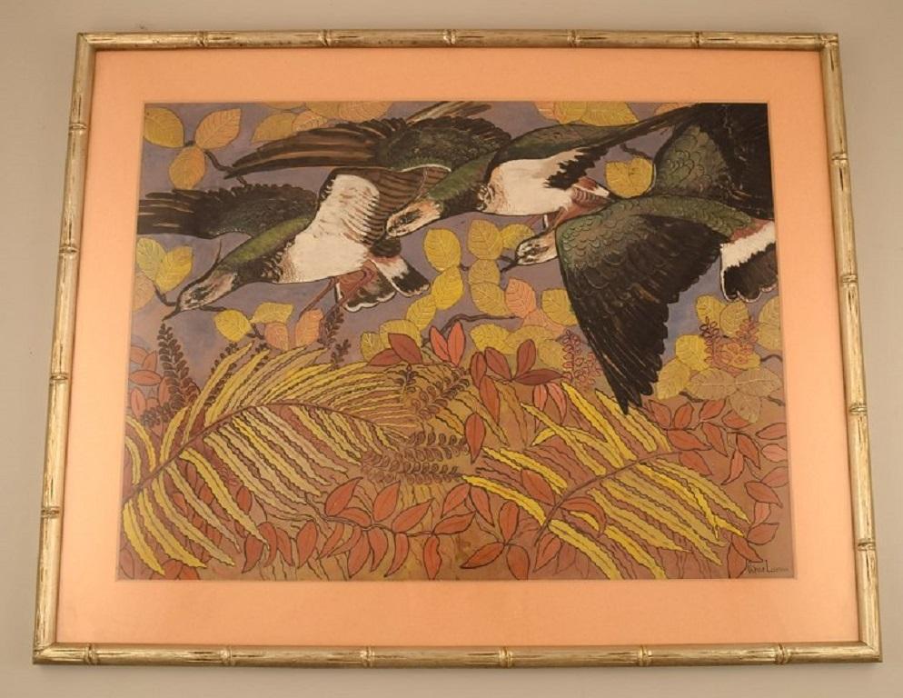 Pierre Lacroix (1912-1994), a listed French artist. Watercolor on paper. 
Birds and foliage. 1960s.
Visible dimensions: 64 x 48 cm.
Total dimensions: 76 x 60 cm.
The frame measures: 2 cm.
In excellent condition.
Signed.
