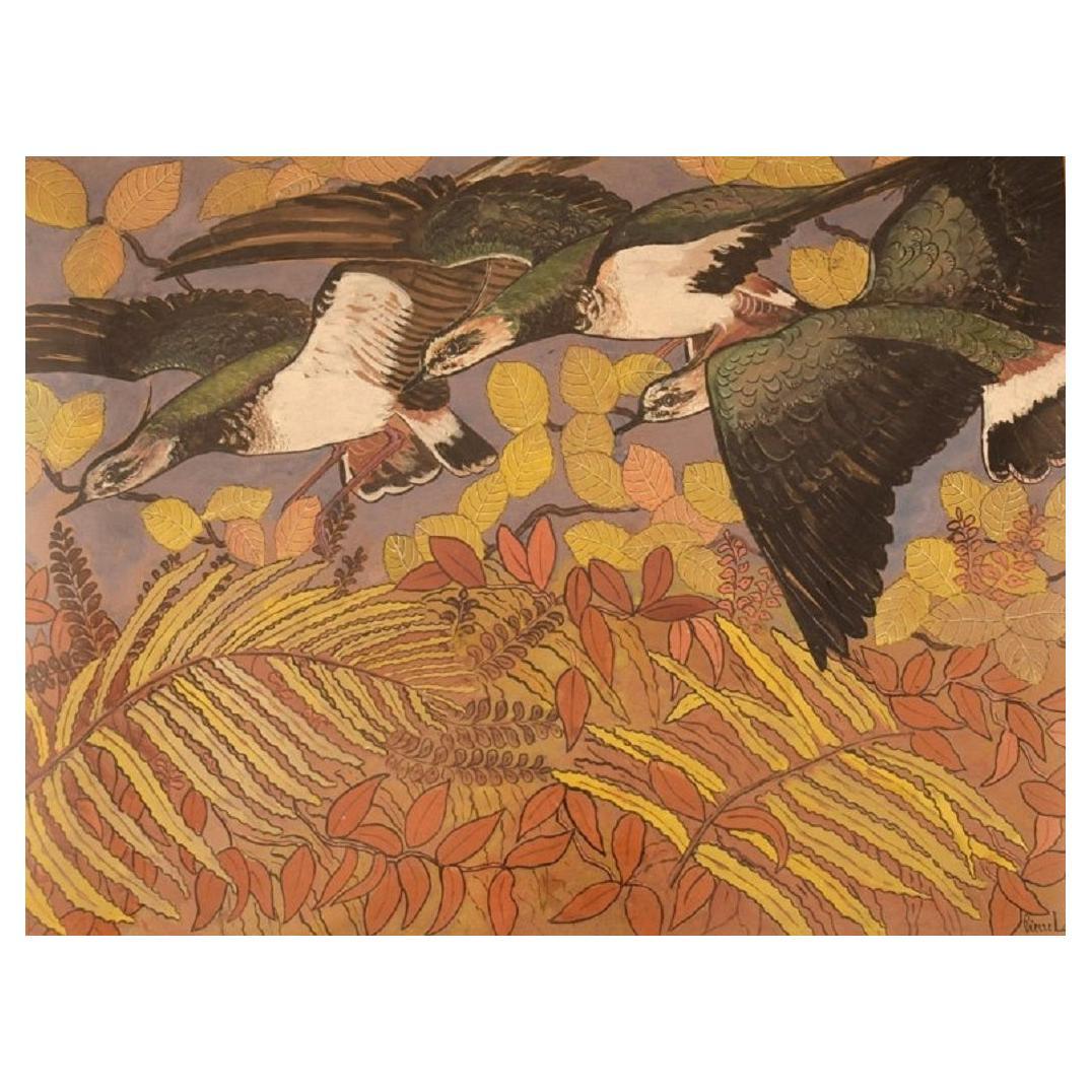 Pierre Lacroix, Acuarela sobre papel, Pájaros y follaje