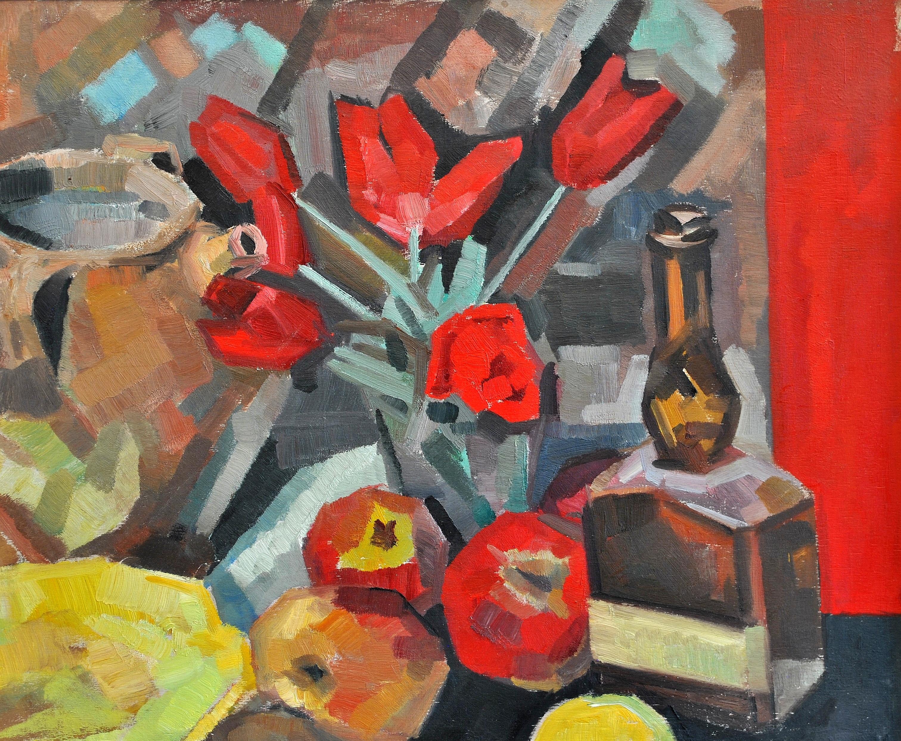 Still Life with Tulips - Mid 20th Century French Cubist Oil Painting - Brown Still-Life Painting by Pierre Lacroux