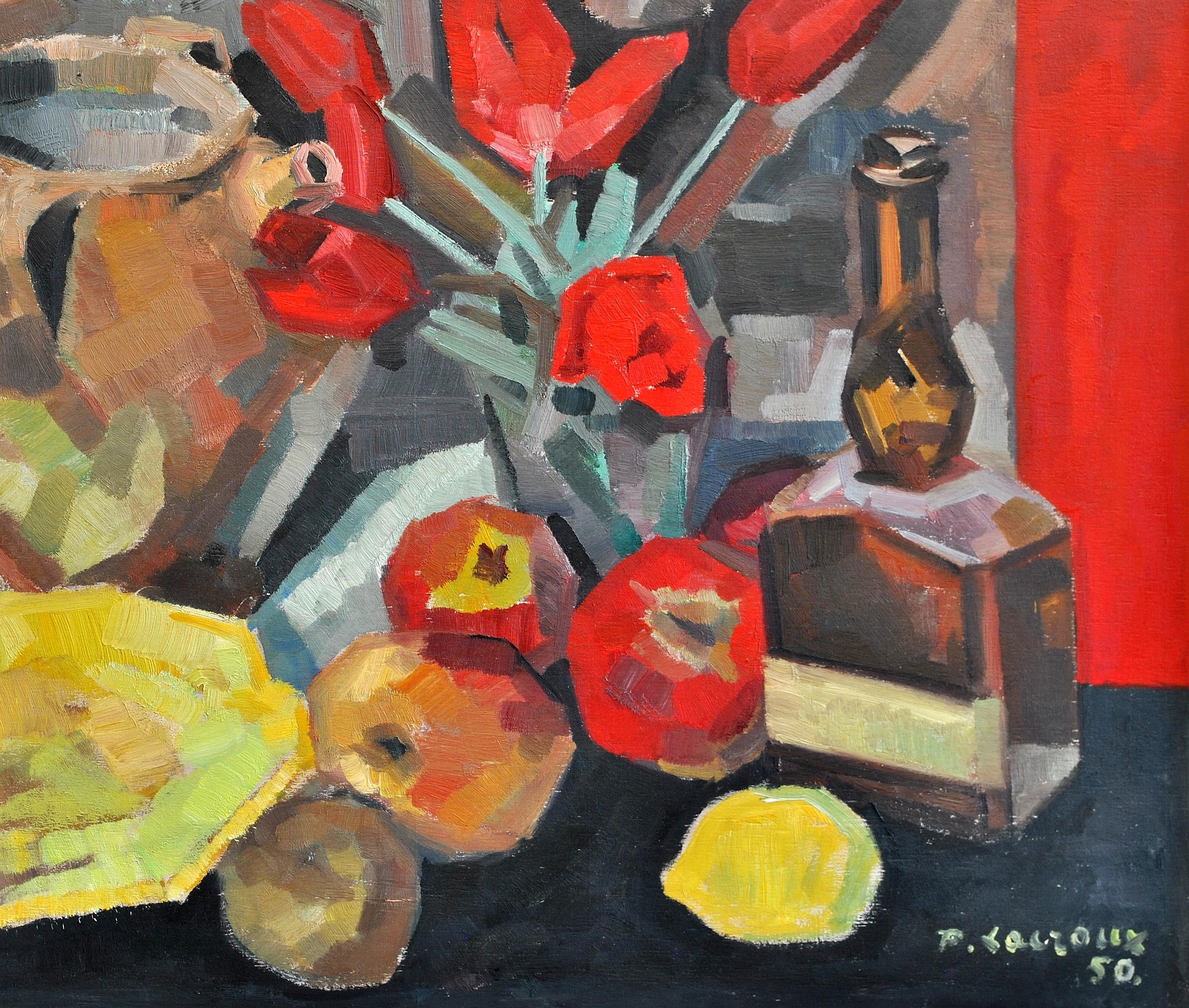 A beautiful signed and dated 1950 French cubist oil on panel still life with tulips by Pierre Lacroux. Excellent quality still life painting in very good condition by this well listed French artist. 

The work is signed and dated lower right and