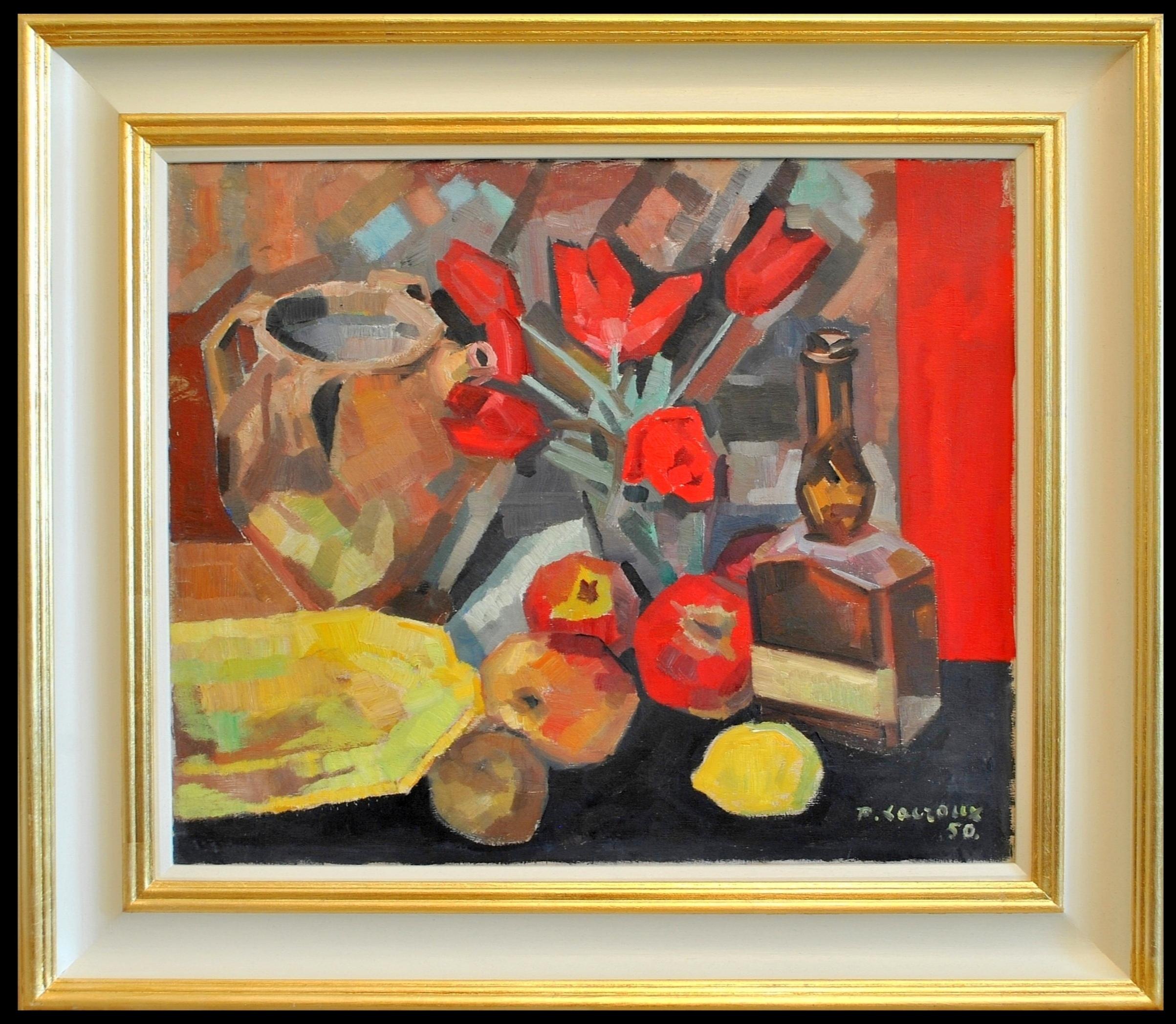 Pierre Lacroux Still-Life Painting - Still Life with Tulips - Mid 20th Century French Cubist Oil Painting