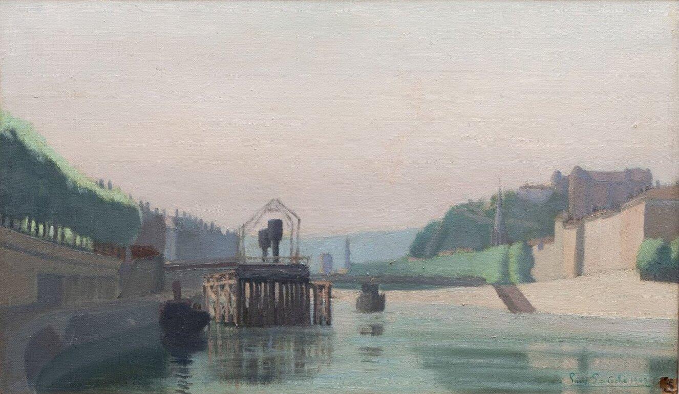 Huile sur toile originale de style « Riverside of the Saone in Lyon » (La rivière du Saone à Lyon), école française - Painting de Pierre Laroche