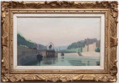 Huile sur toile originale de style « Riverside of the Saone in Lyon » (La rivière du Saone à Lyon), école française