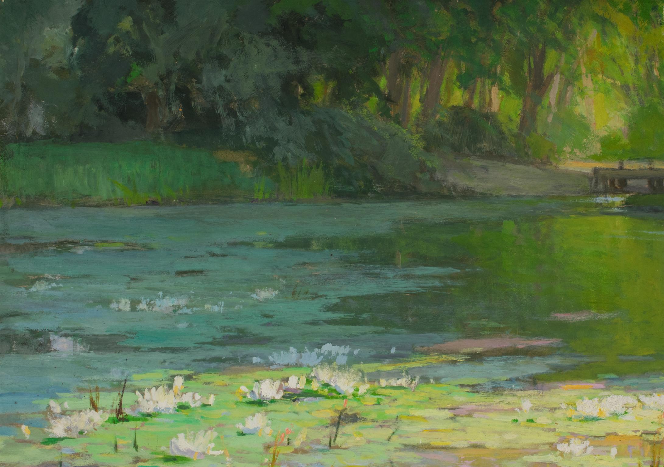 The Water Lilies, Oil on Masonite Board Painting by Pierre Laurent Baeschlin 8