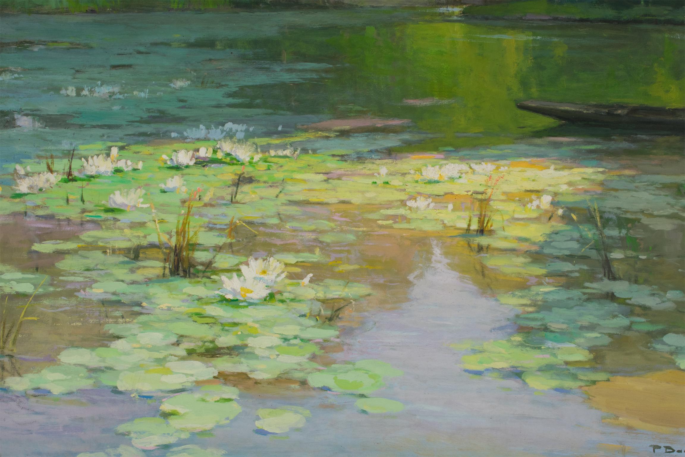 The Water Lilies, Oil on Masonite Board Painting by Pierre Laurent Baeschlin 9