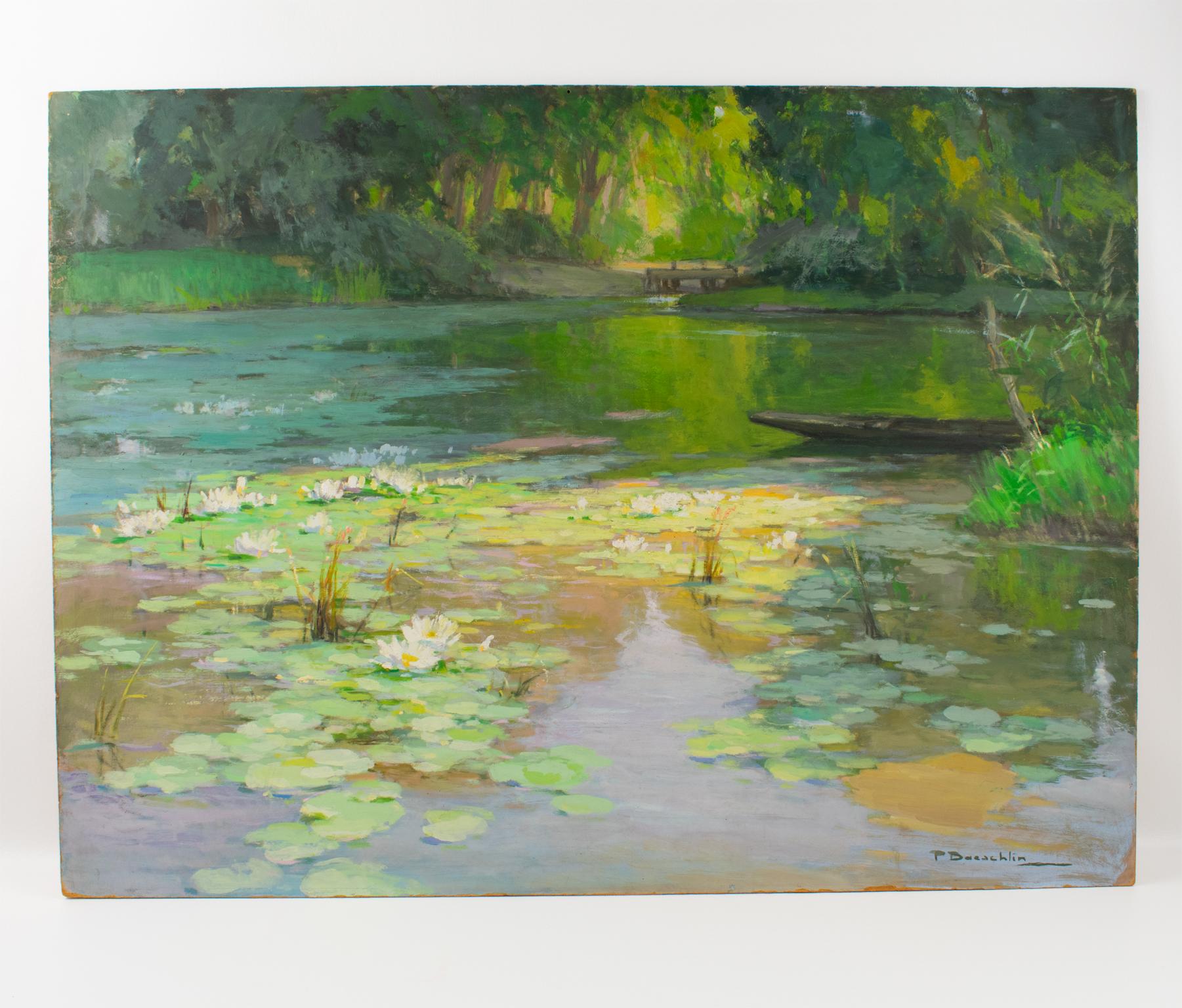 The Water Lilies, Oil on Masonite Board Painting by Pierre Laurent Baeschlin 13