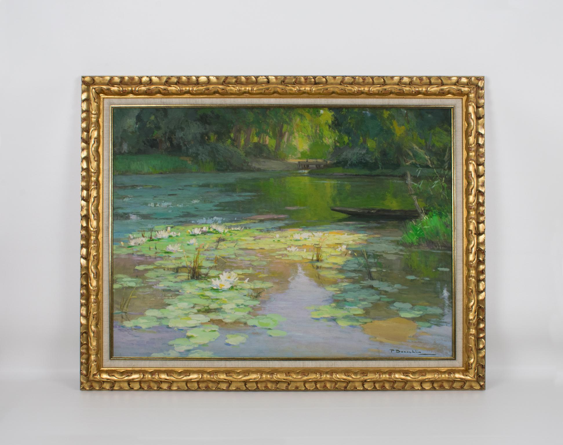 The Water Lilies, Oil on Masonite Board Painting by Pierre Laurent Baeschlin 1