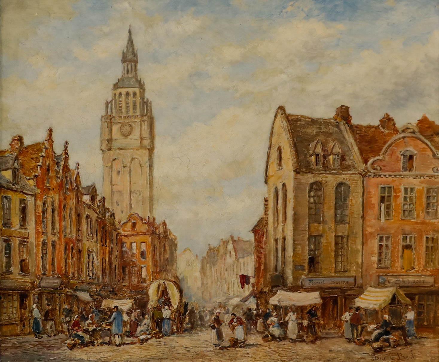 Pierre le Boeuff (nato nel 1899-1920) - Olio incorniciato, Una strada affollata a Gand - Painting di Pierre Le Boeuff