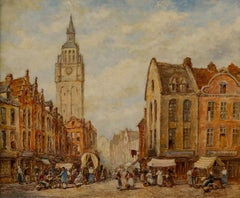 Pierre le Boeuff (fl. 1899-1920) - Framed Oil, A Busy Street in Ghent