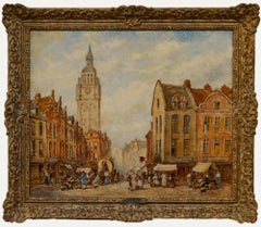 Pierre le Boeuff (fl. 1899-1920) - Gerahmtes Ölgemälde, A Busy Street in Gent