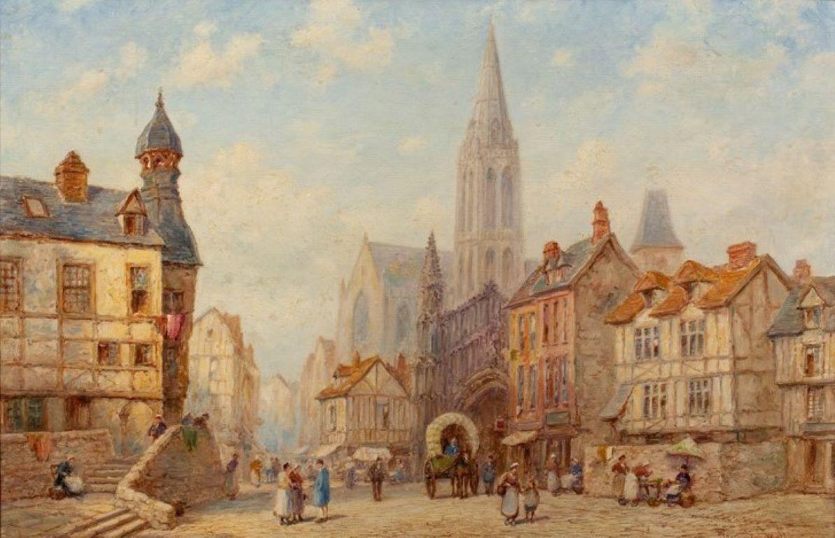 Pintura al Óleo Victoriana Ocupada Escena Urbana de Normandía Muchas Figuras Edificios, firmada - Painting de Pierre Le Boueff