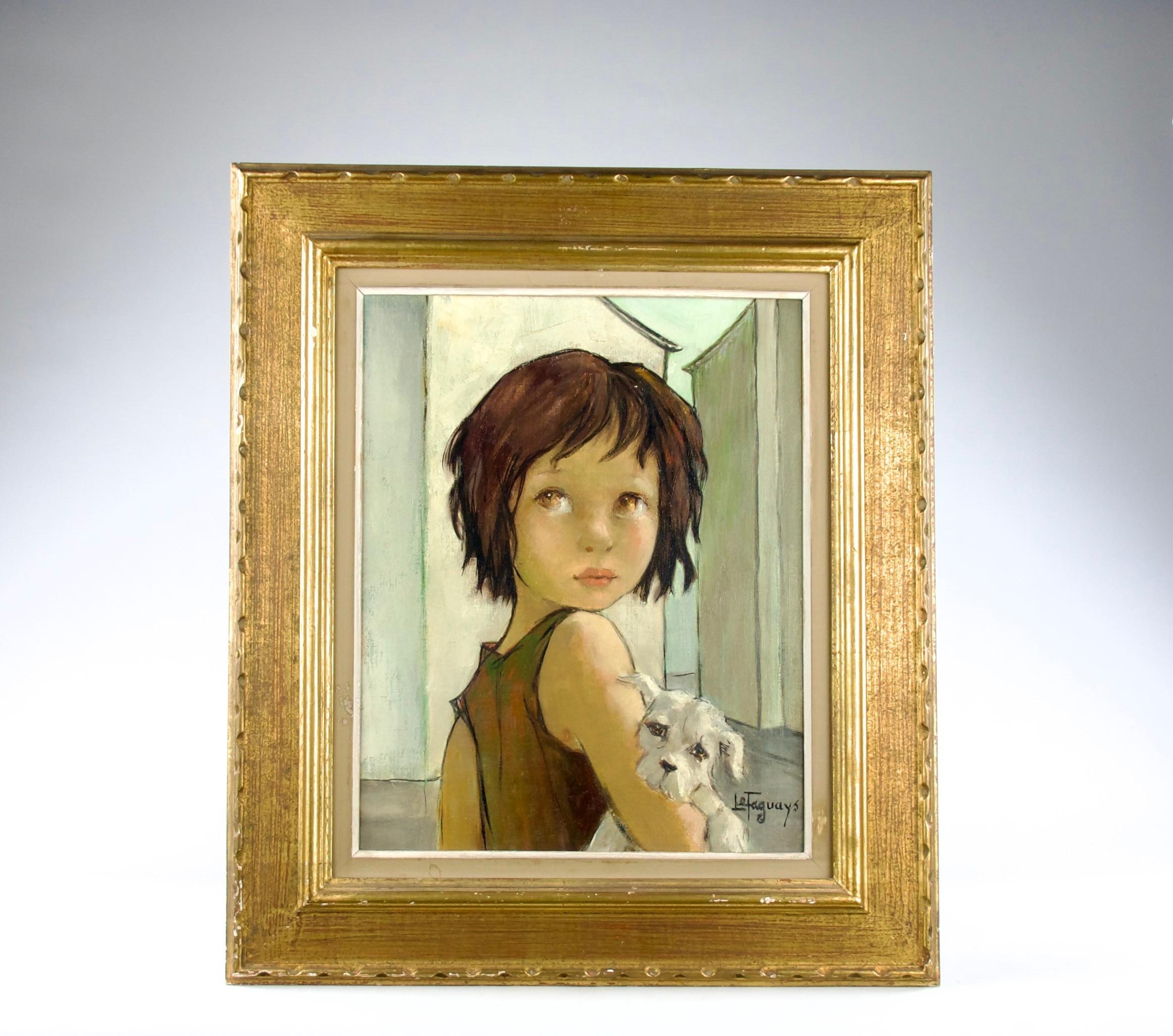 Beautiful framed painting of a young girl and her dog by the artist Pierre le Faguays (1892-1962). Famously known for his Art Deco sculptures, he dedicated to himself to painting on the Place du Tertre in Montmartre (in Paris) after the Second World