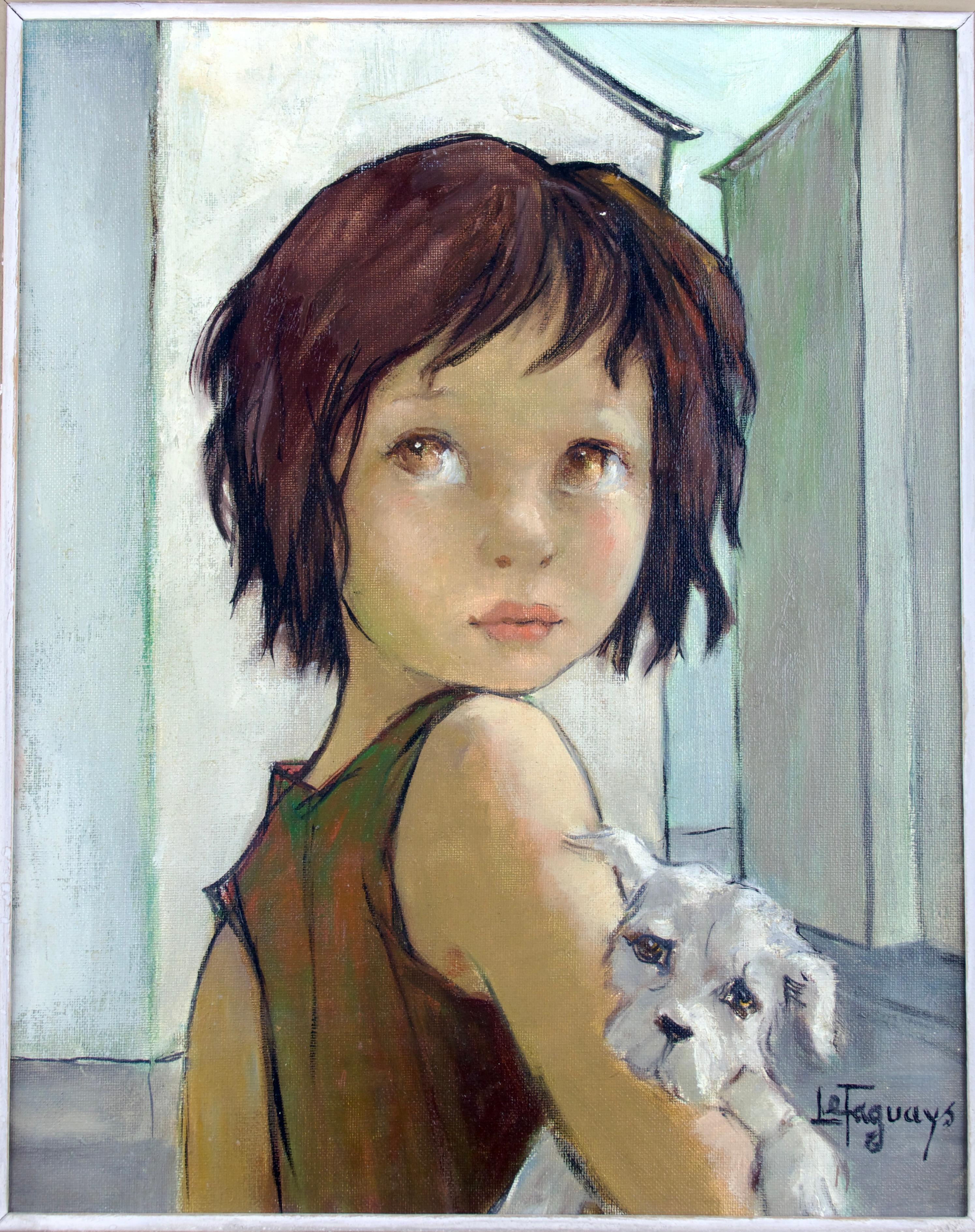 Pierre Le Faguays (1892-1962), Junges Mädchen und ihr Hund, gerahmtes Ölgemälde auf Leinwand (Art déco) im Angebot
