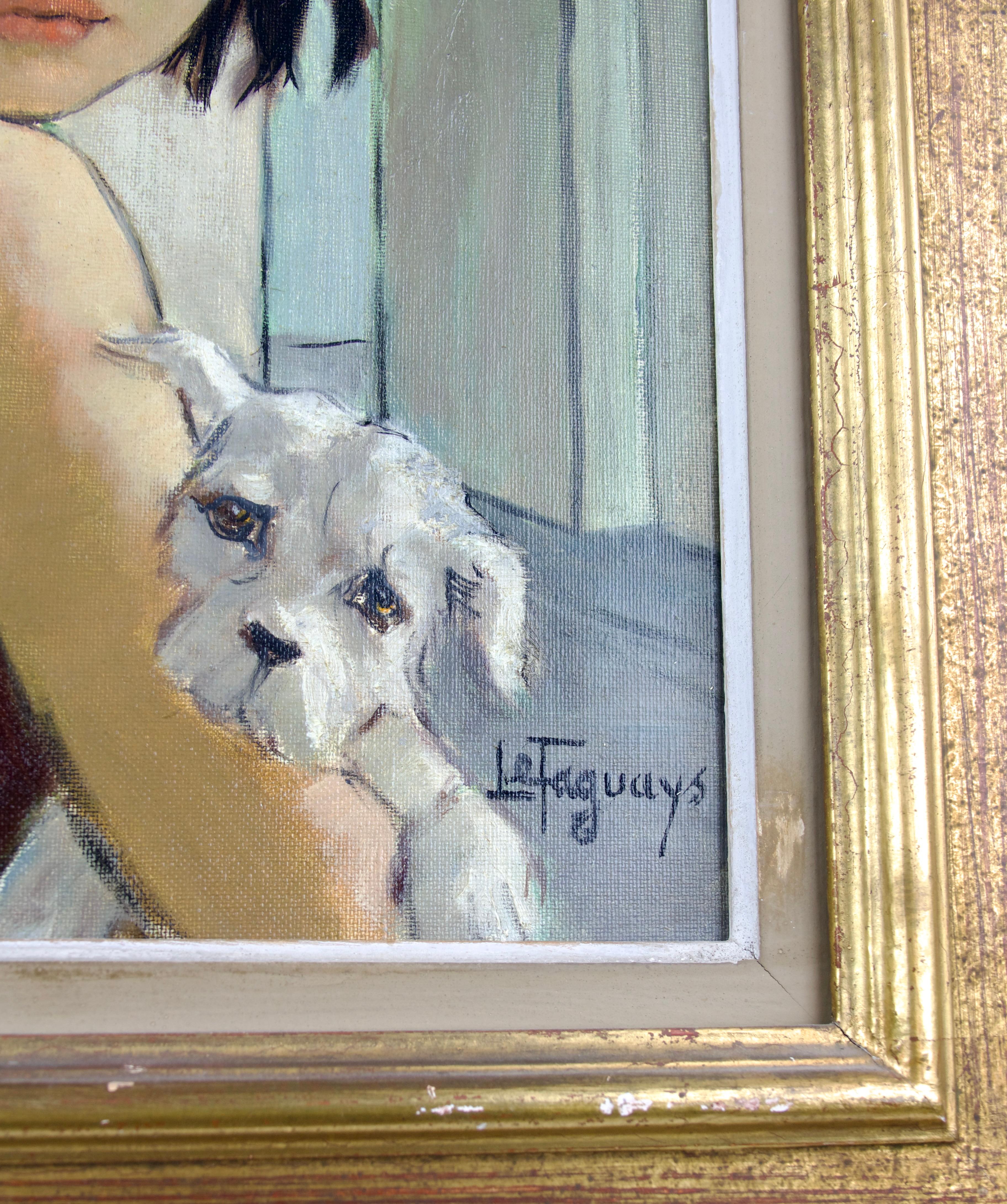 Art Deco Pierre Le Faguays (1892-1962), Young Girl and her Dog, Framed Oil on Canvas For Sale