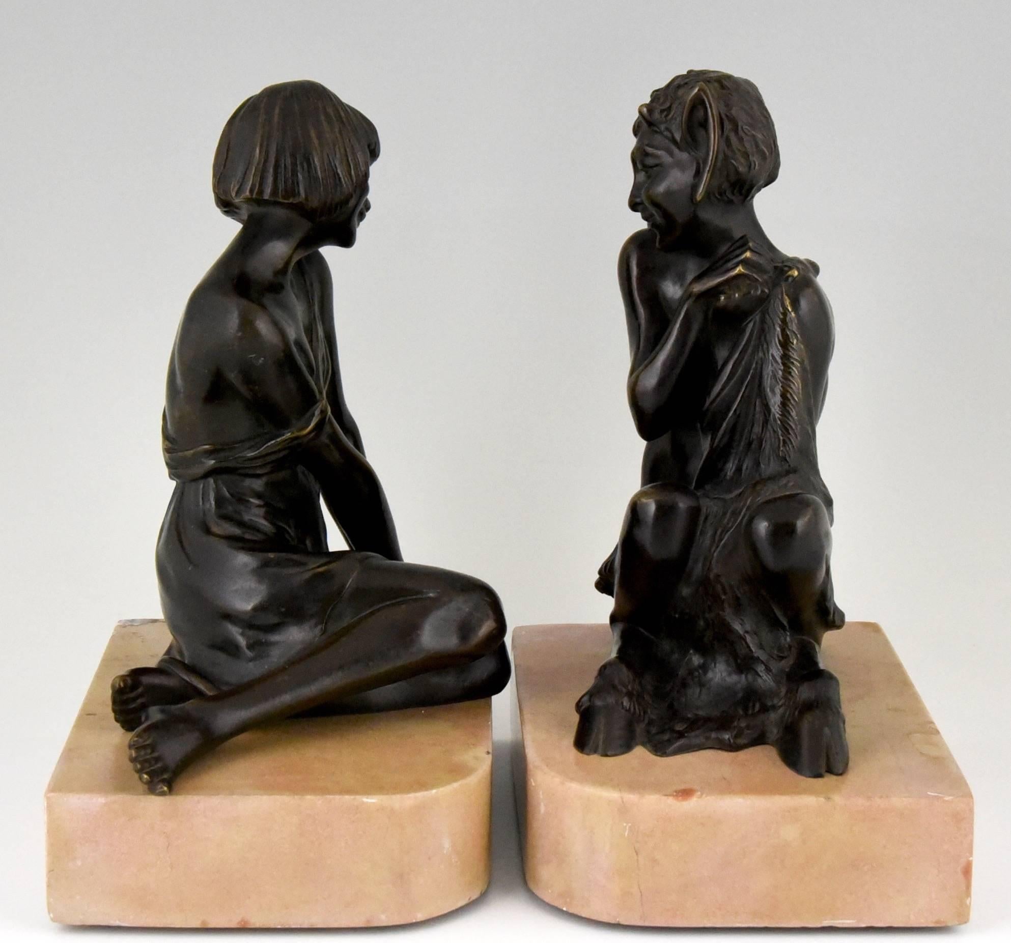 French Pierre Le Faguays Art Deco Bronze Bookends Satyr and Girl, France, 1930