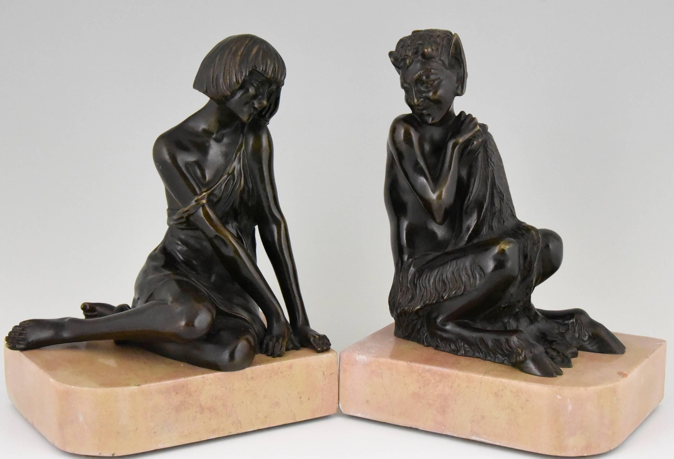 Marble Pierre Le Faguays Art Deco Bronze Bookends Satyr and Girl, France, 1930