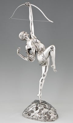 Pierre Le Faguays Art Deco Silvered Bronze Sculpture Woman with Bow Diana 1925