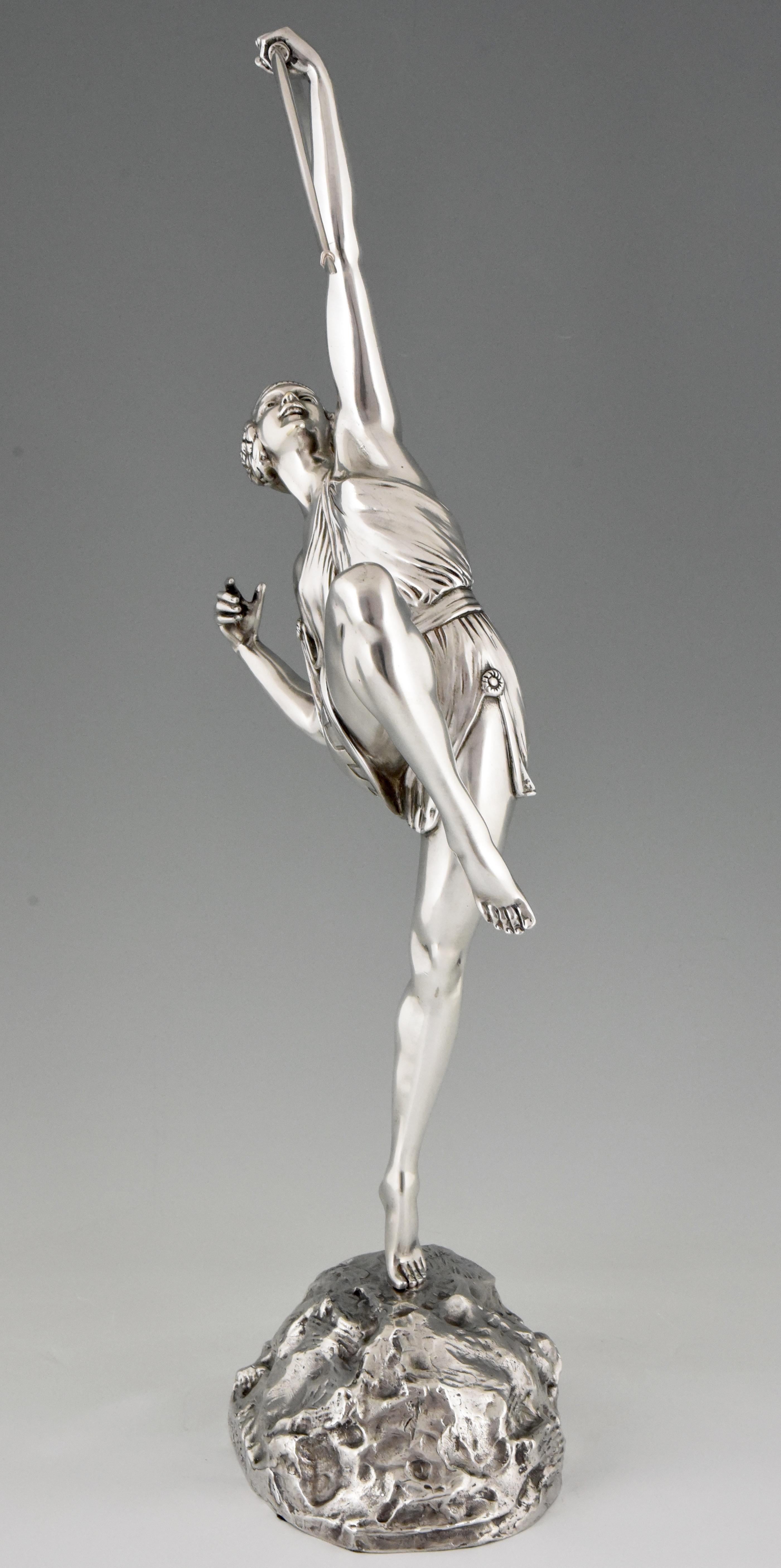 French Pierre Le Faguays Art Deco Silvered Bronze Sculpture Woman with Bow Diana 1925