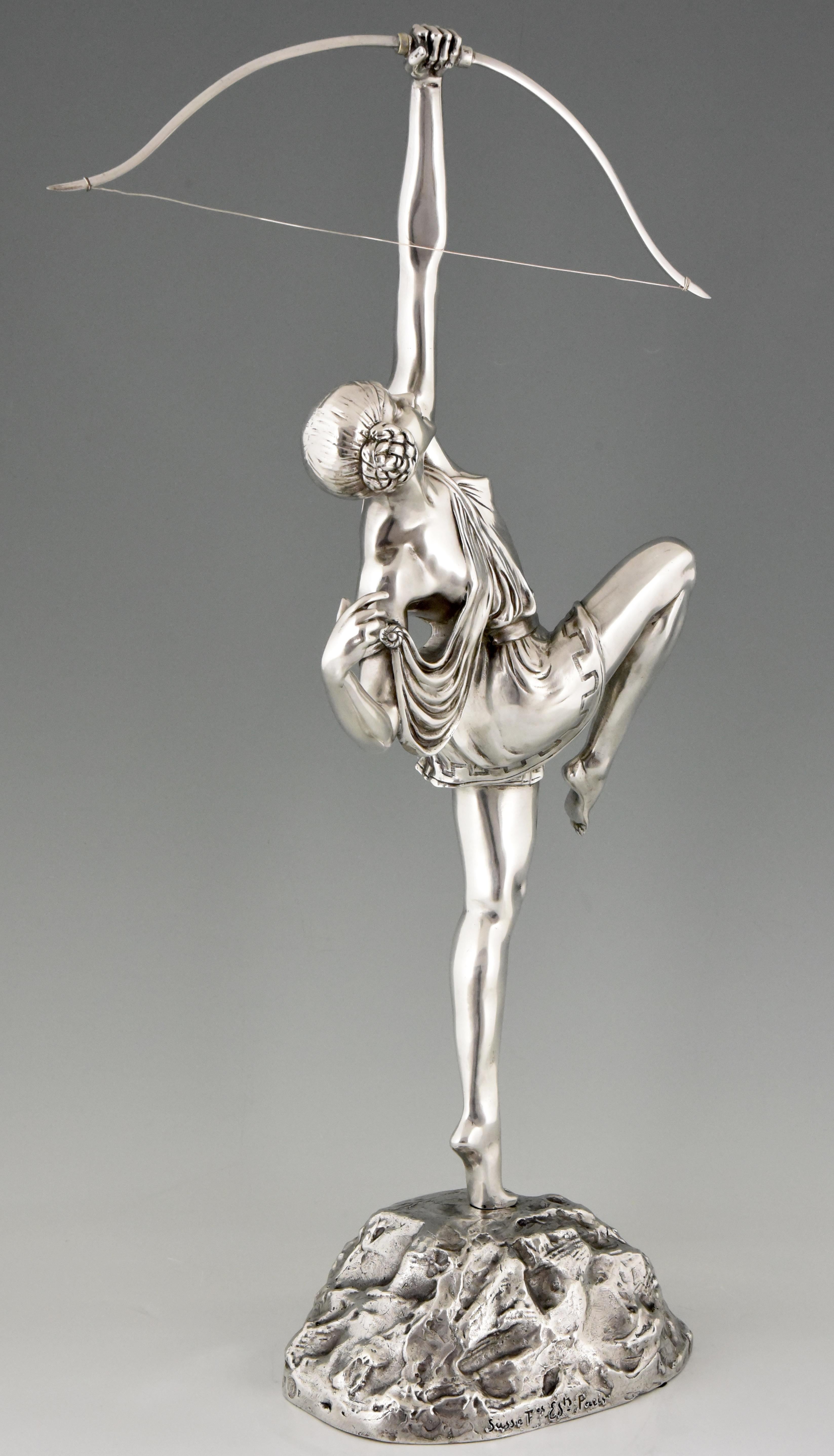 Pierre Le Faguays Art Deco Silvered Bronze Sculpture Woman with Bow Diana, 1925 1