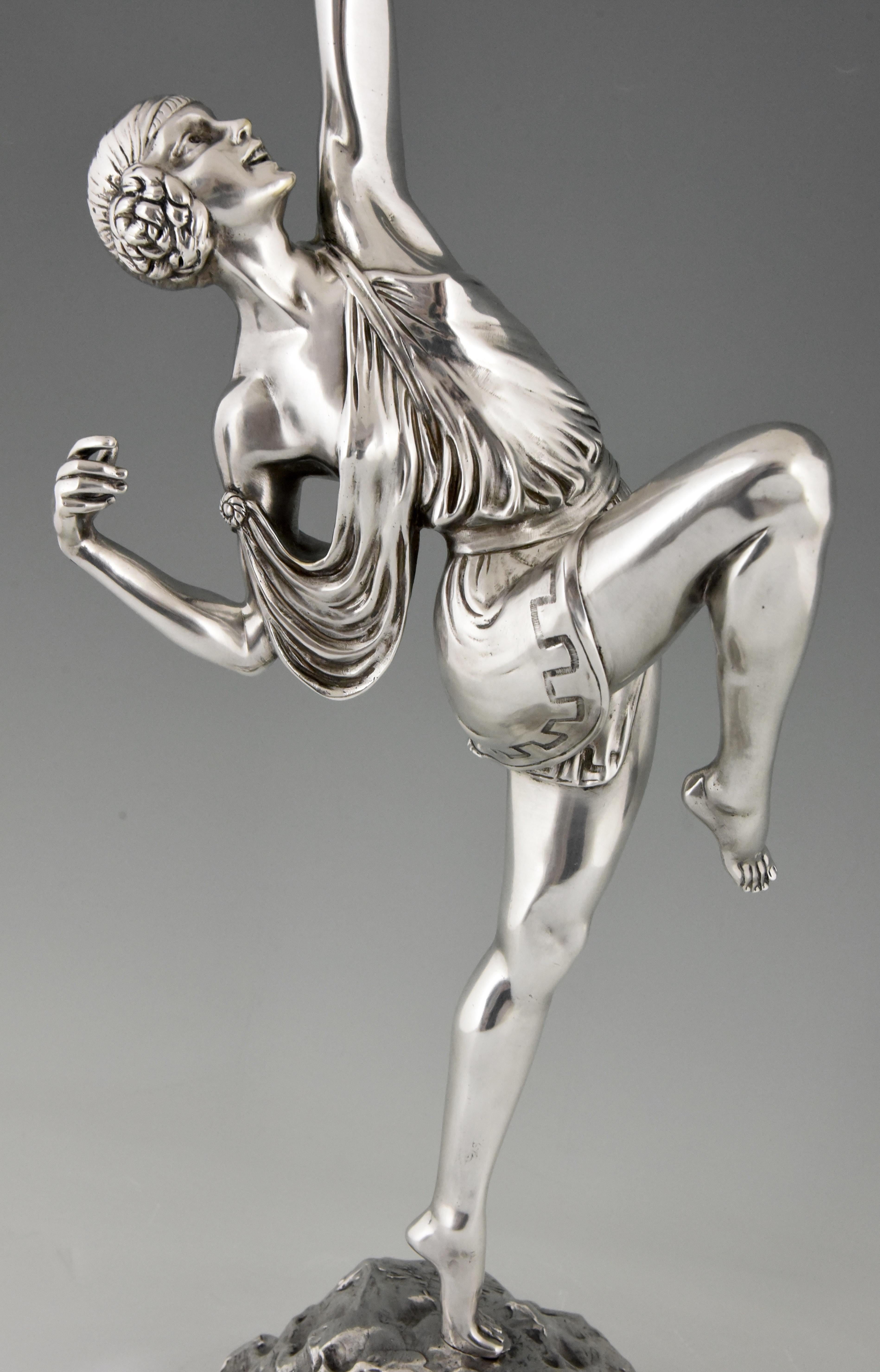 Pierre Le Faguays Art Deco Silvered Bronze Sculpture Woman with Bow Diana, 1925 2